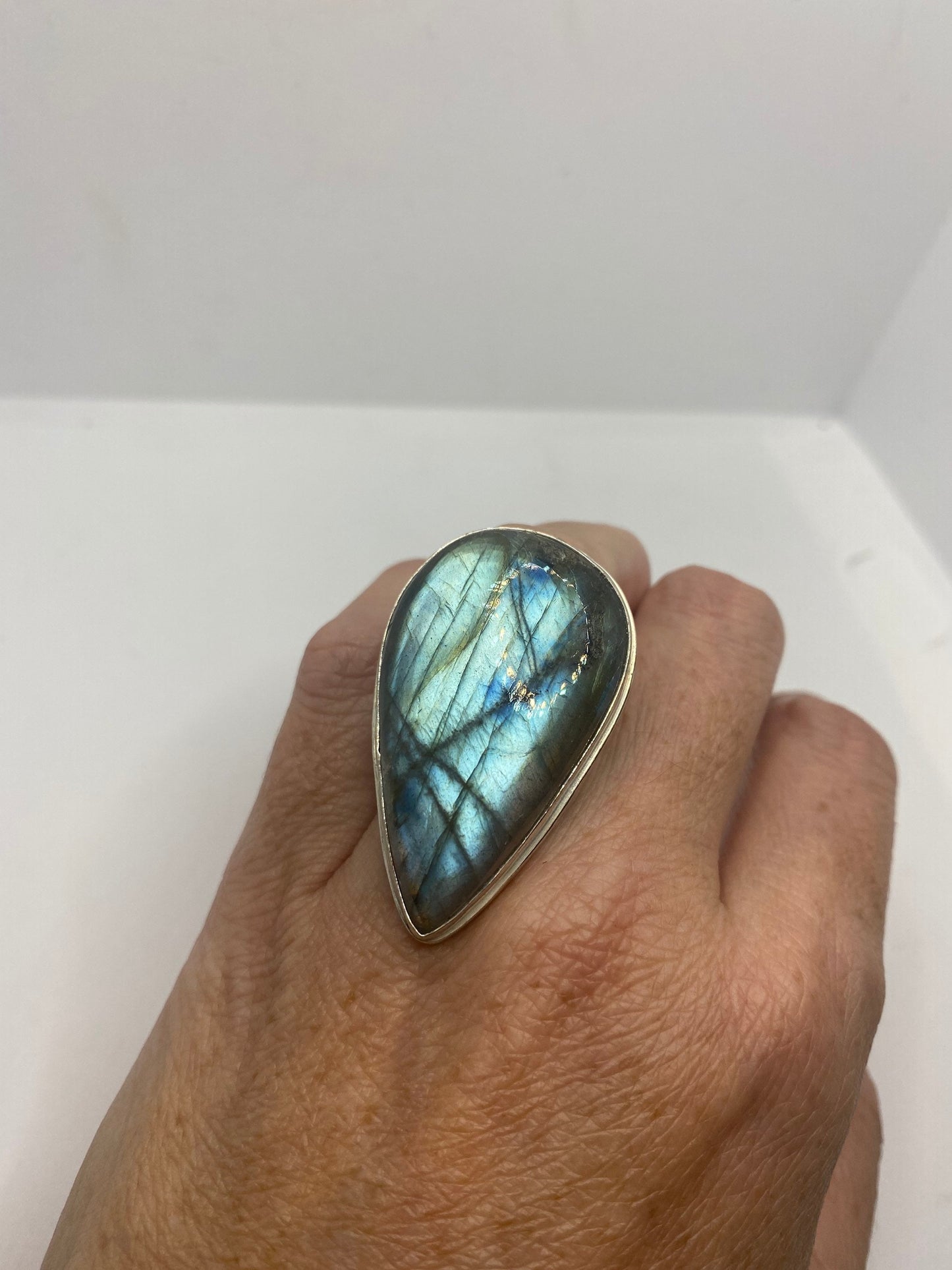 Vintage Green Rainbow Labradorite Silver Statement Ring