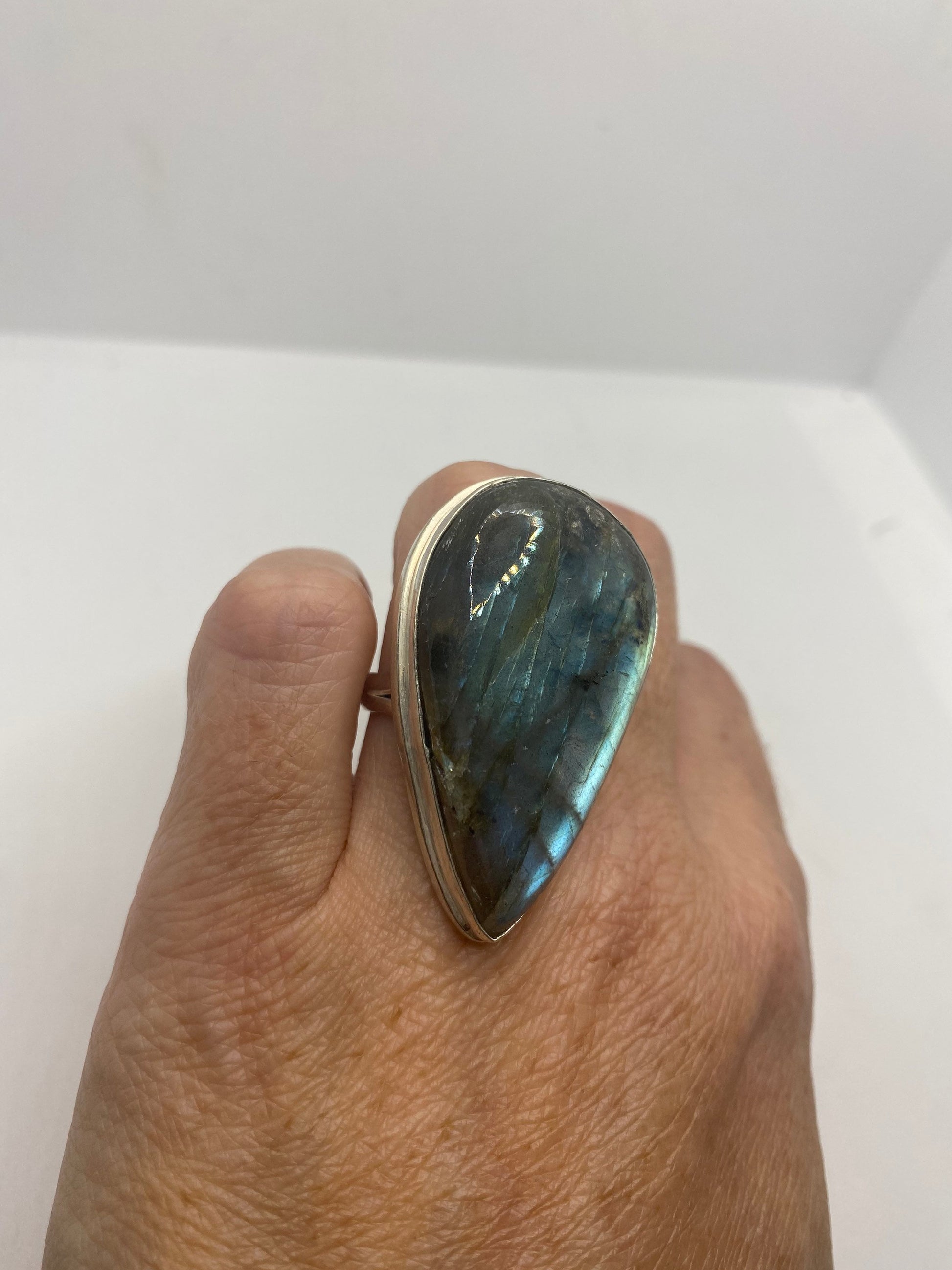 Vintage Green Rainbow Labradorite Silver Statement Ring