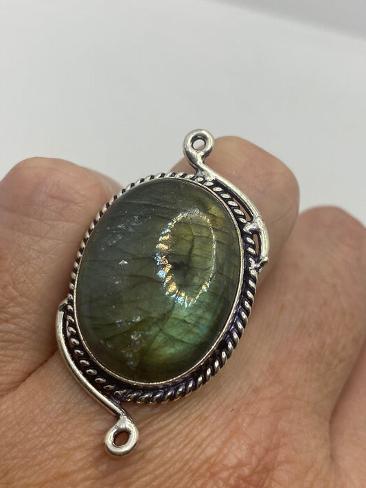 Vintage Green Rainbow Labradorite Silver Statement Ring