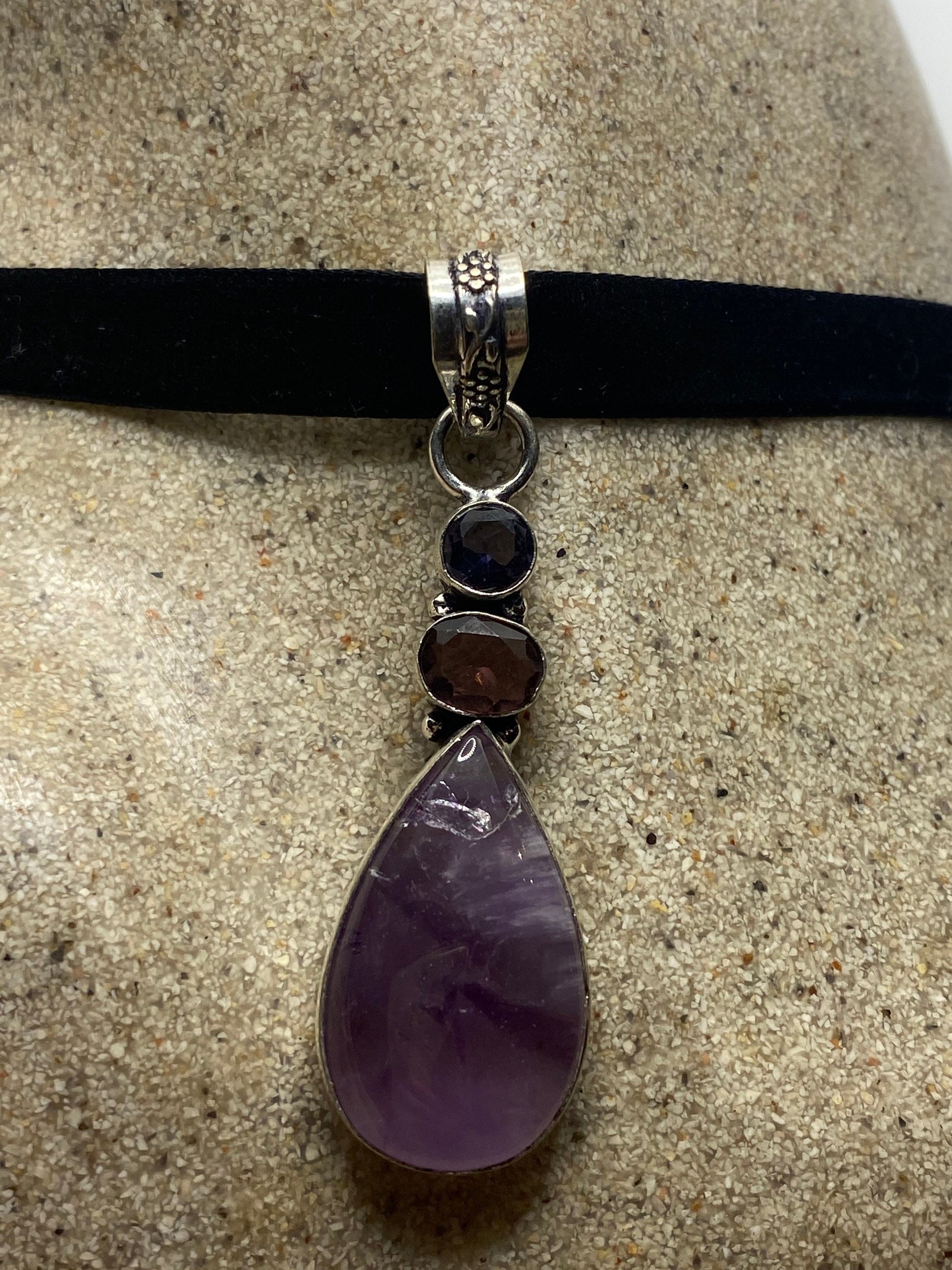 Bohemian Cabochon Cut Droplet Deep Purple Genuine Amethyst Necklace