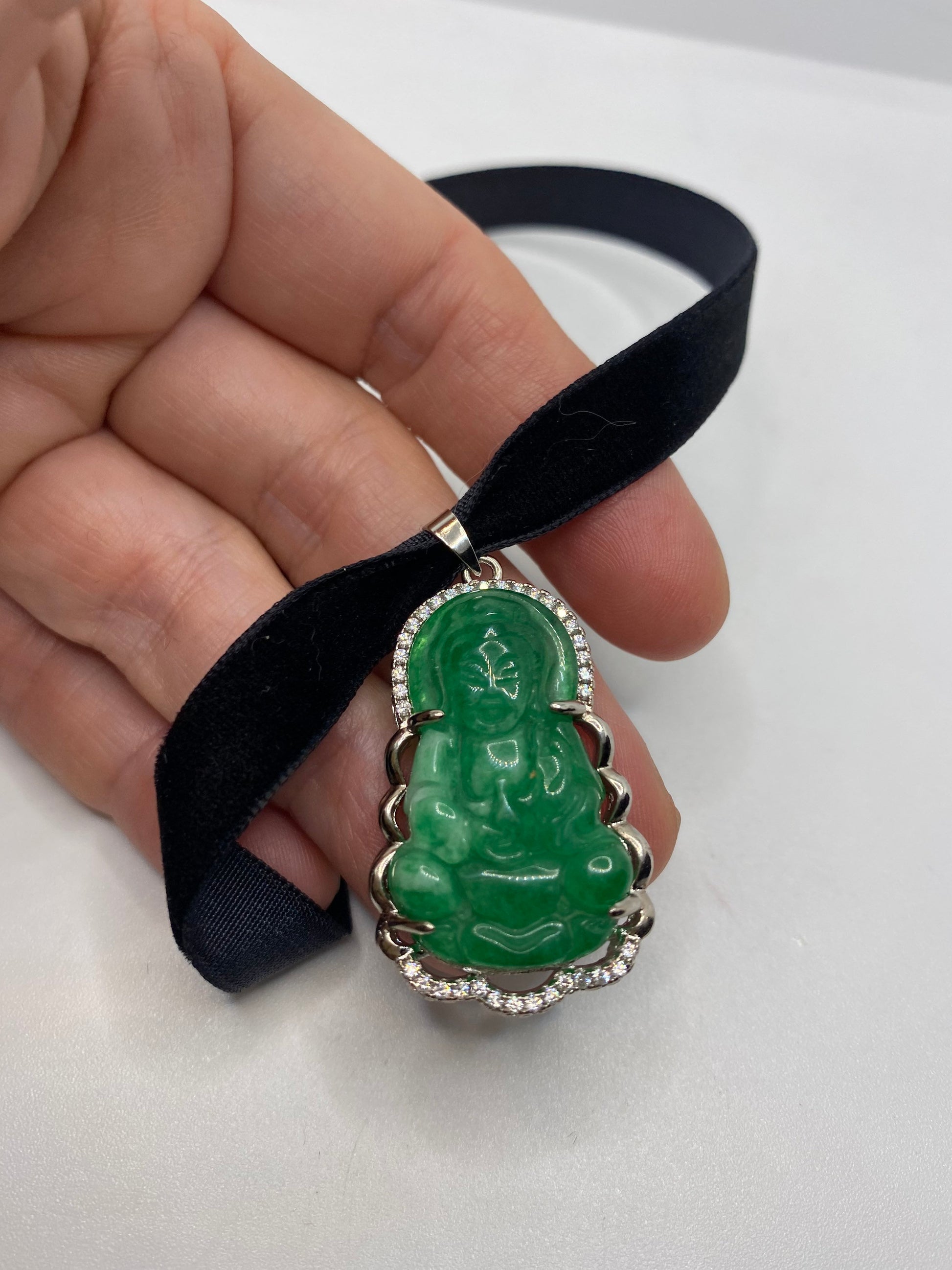 Vintage Green Jade Buddha Choker Silver Finish Necklace Pendant