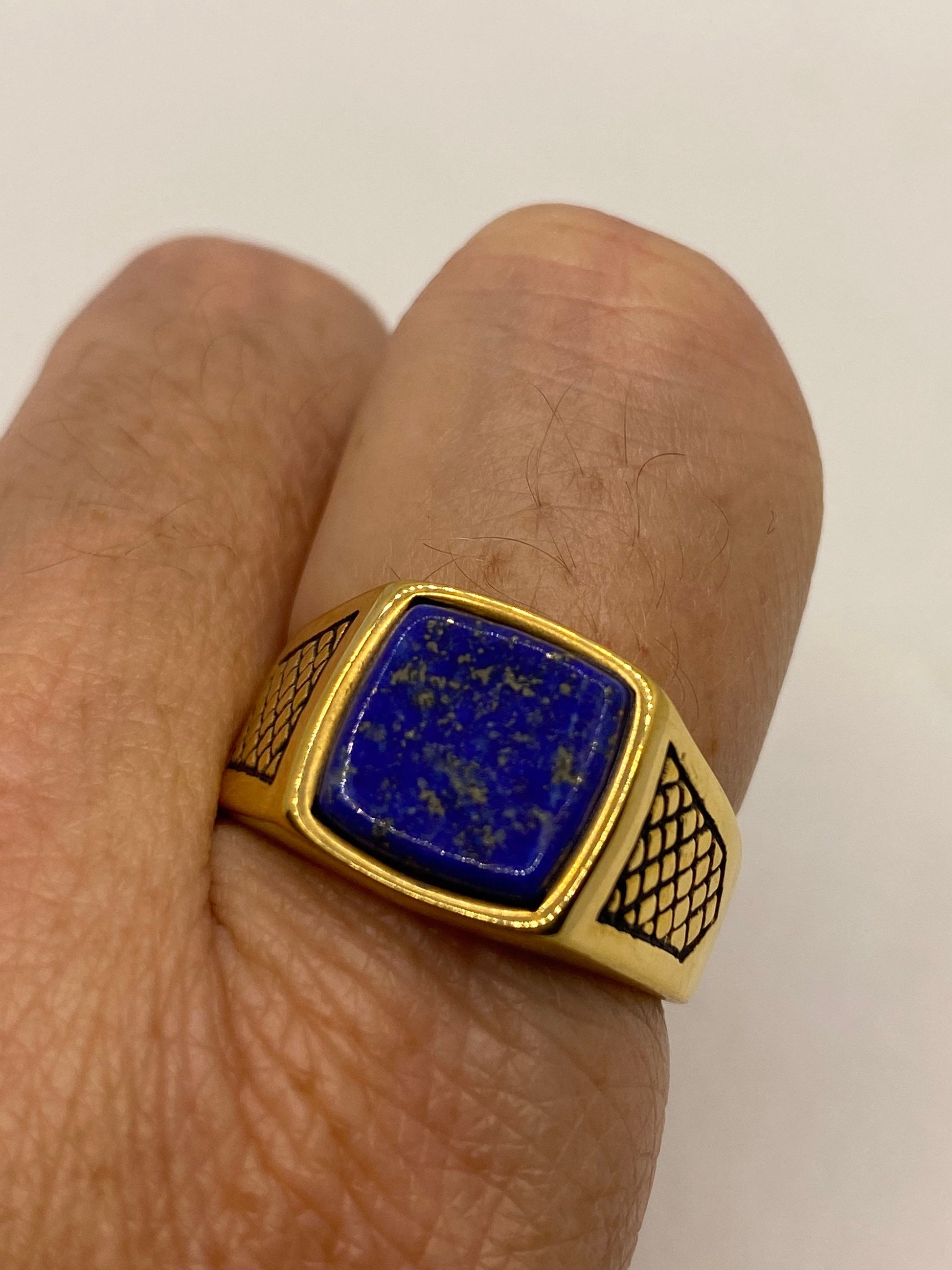 Vintage Blue Lapis Lazuli Golden Finished Mens Ring