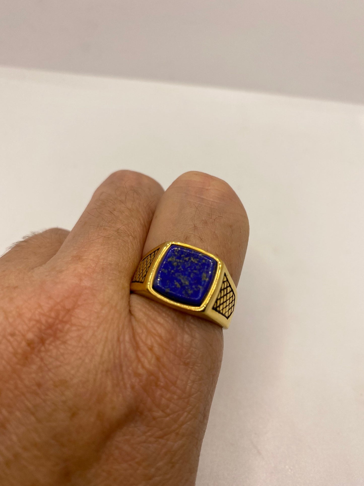 Vintage Blue Lapis Lazuli Golden Finished Mens Ring