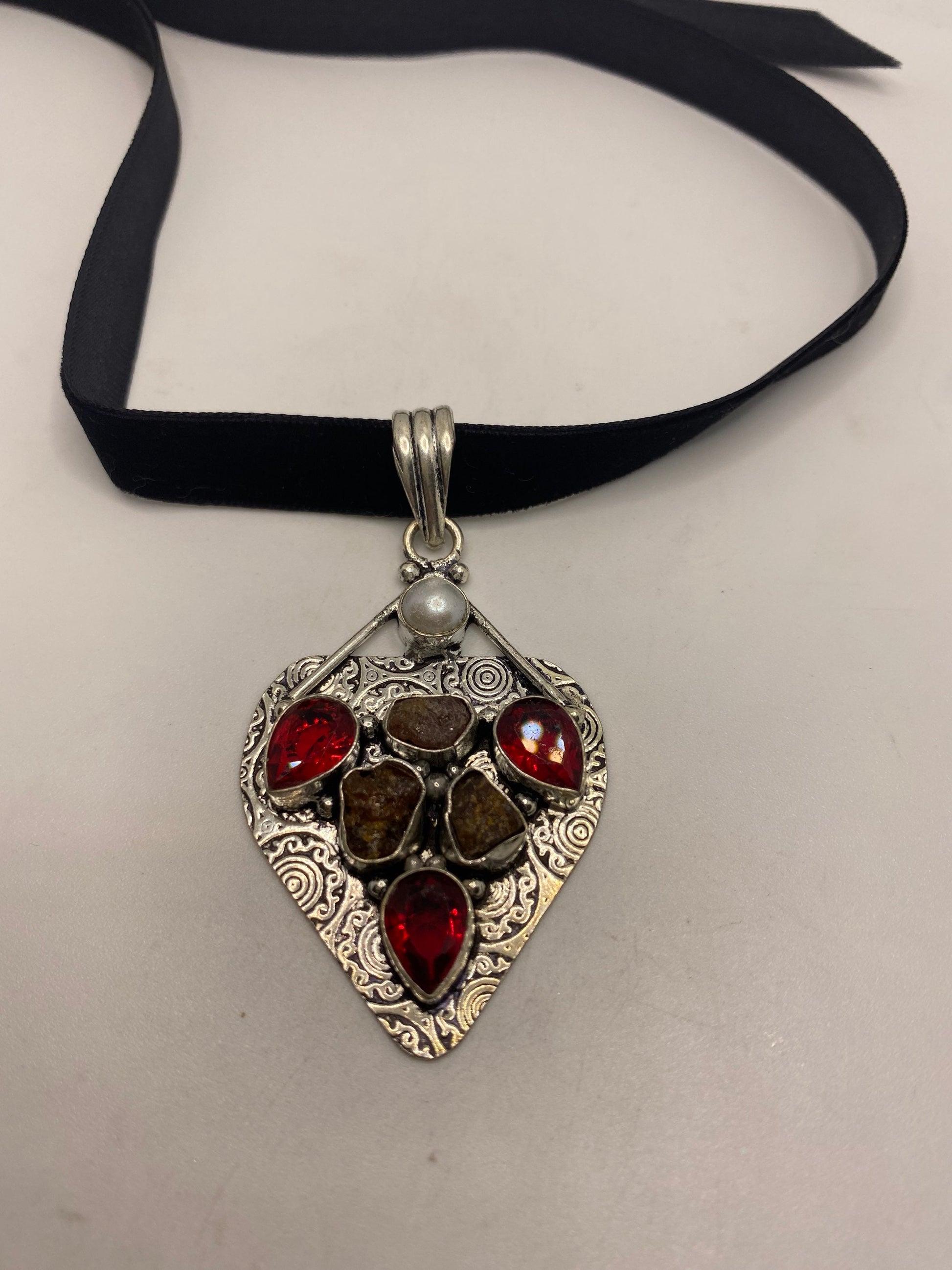 Vintage Raw Tourmaline Ruby Glass Black Velvet Choker Necklace
