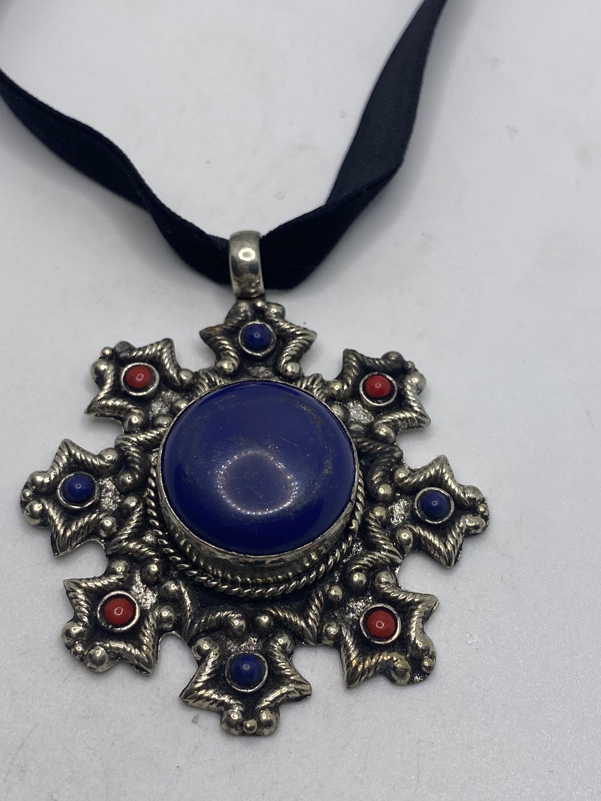 Vintage Tibetan Lapis Star Black Velvet Choker Necklace.