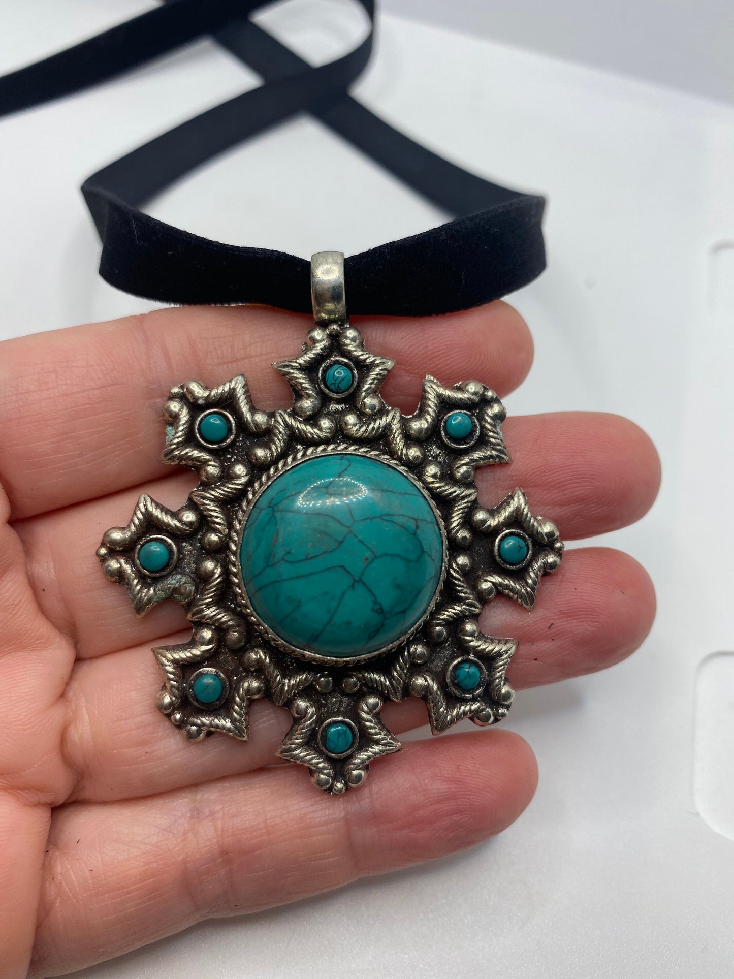 Vintage Tibetan Turquoise Star Black Velvet Choker Necklace.