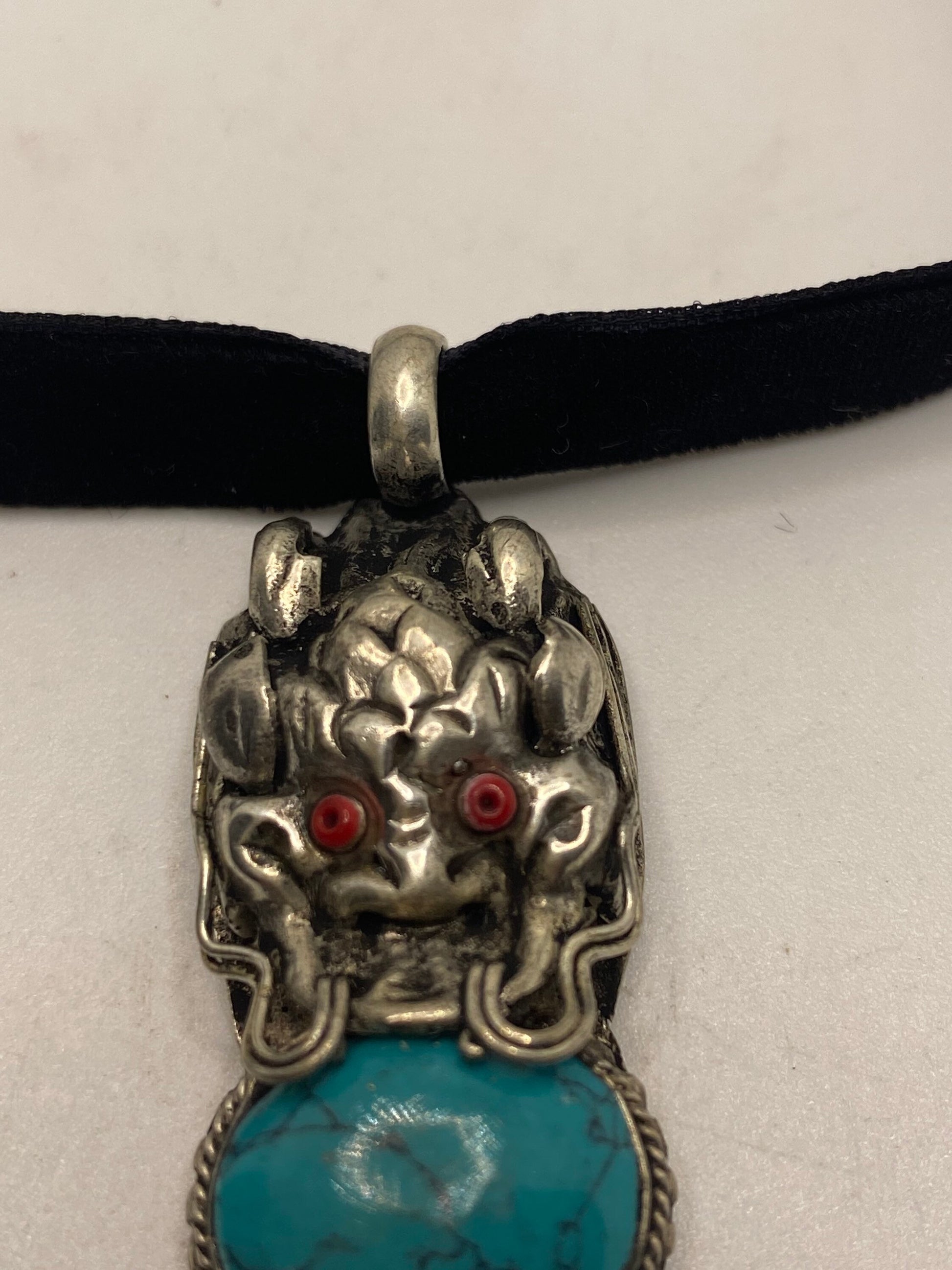 Vintage Tibetan Turquoise Dragon Black Velvet Choker Necklace.