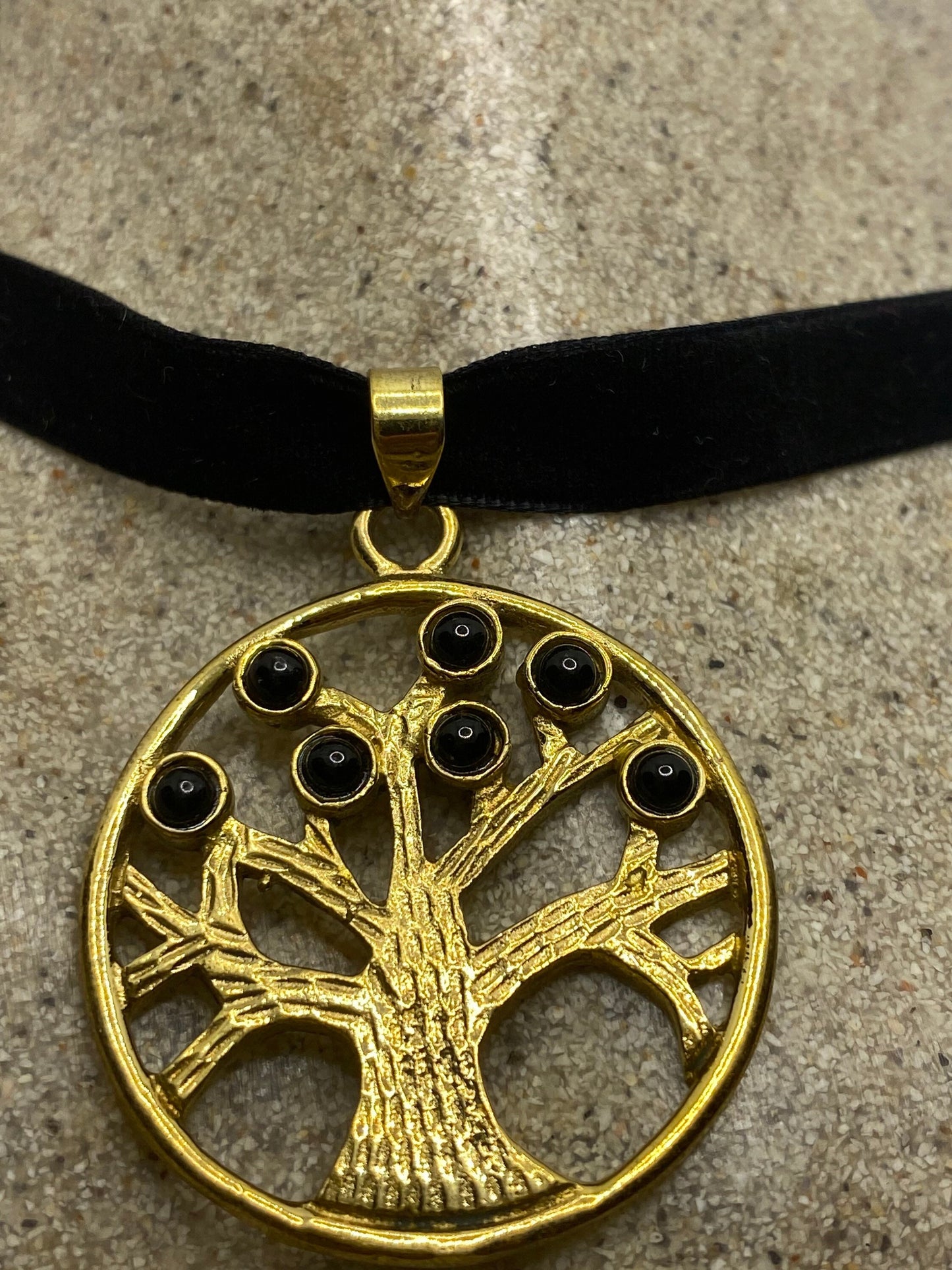 Vintage Tree of Life Onyx Bronze Black Velvet Choker Necklace.