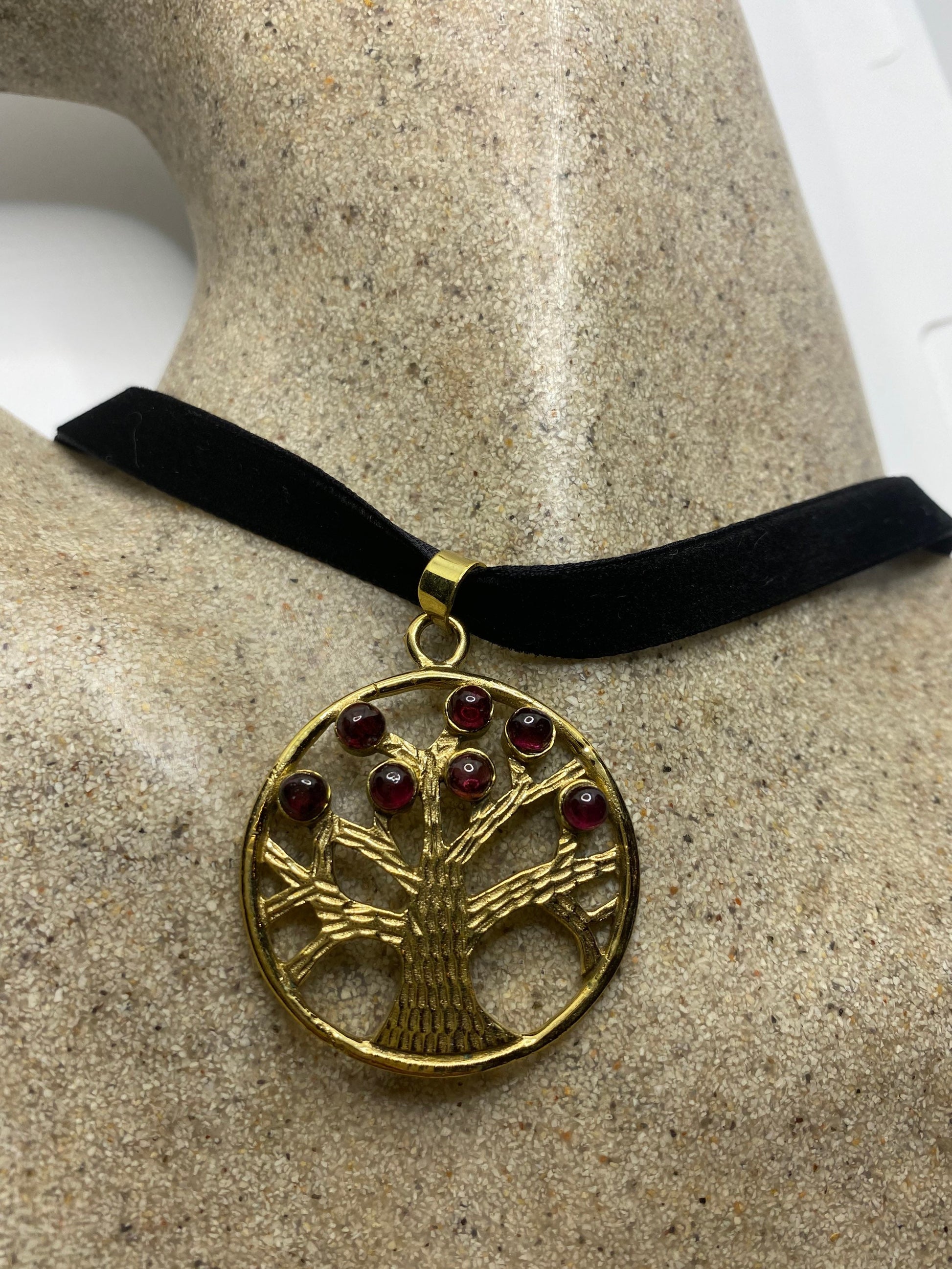 Vintage Tree of Life Onyx Bronze Red Garnet Velvet Choker Necklace.
