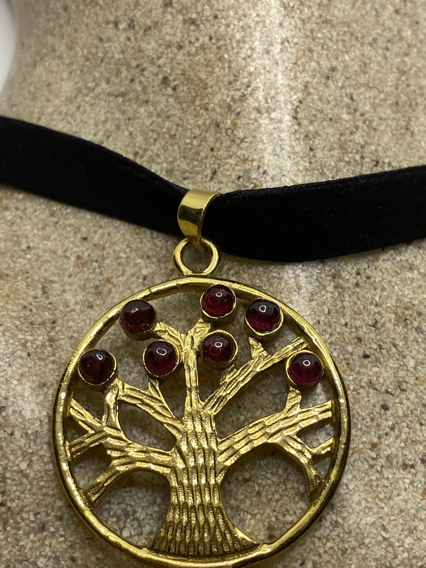 Vintage Tree of Life Onyx Bronze Red Garnet Velvet Choker Necklace.