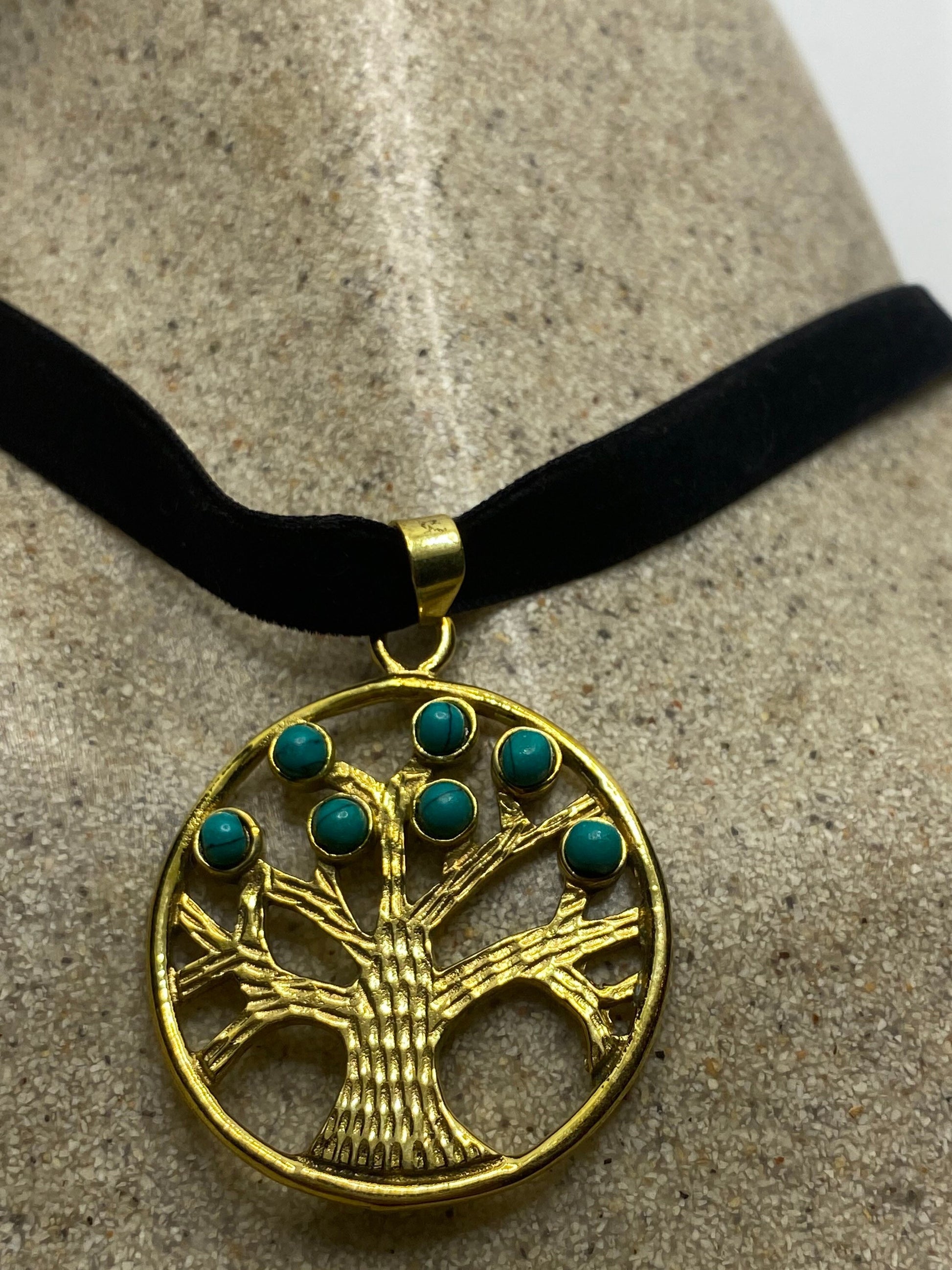 Vintage Tree of Life Bronze Turquoise Velvet Choker Necklace