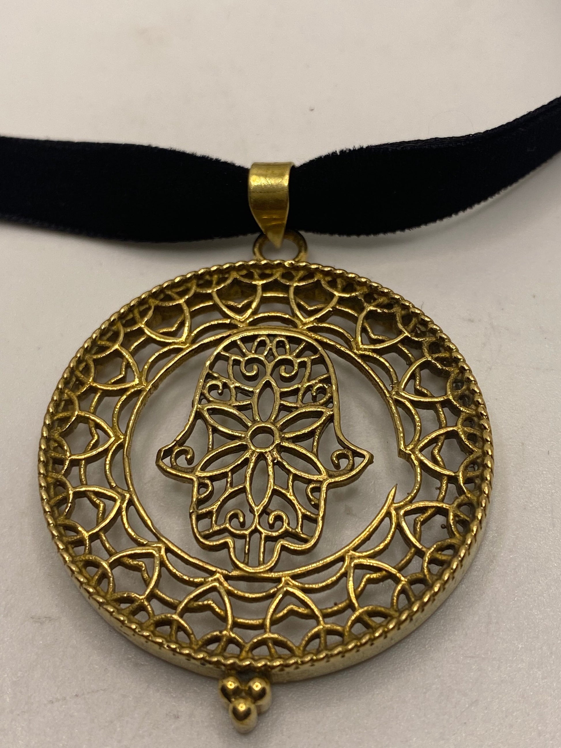Vintage Hand of Fatima Bronze Velvet Choker Necklace.