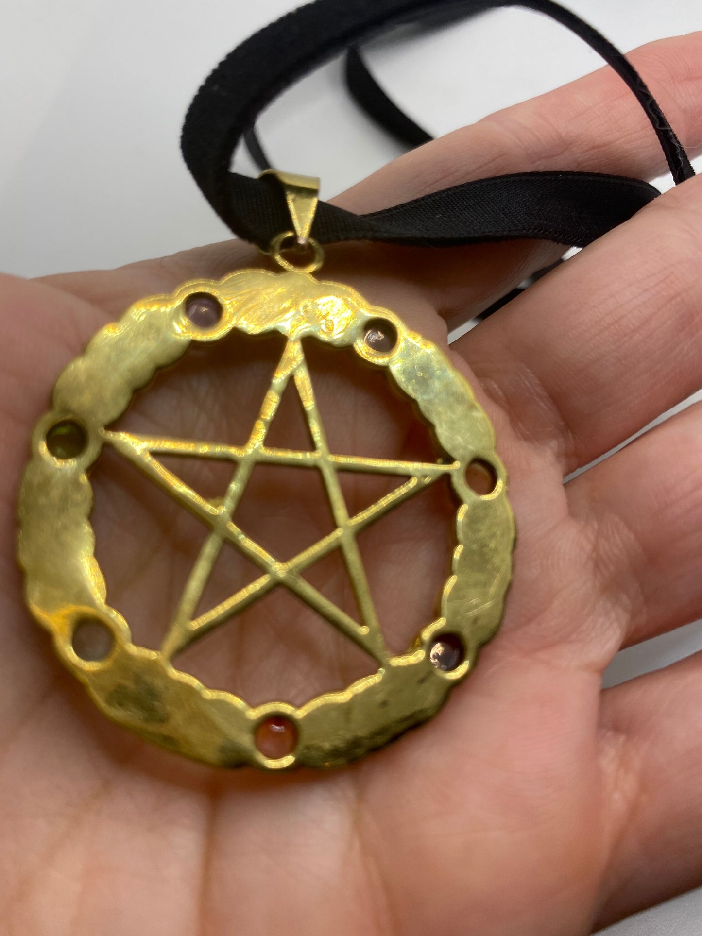 Vintage Pentagram Chakra Stones Bronze Velvet Choker Necklace.