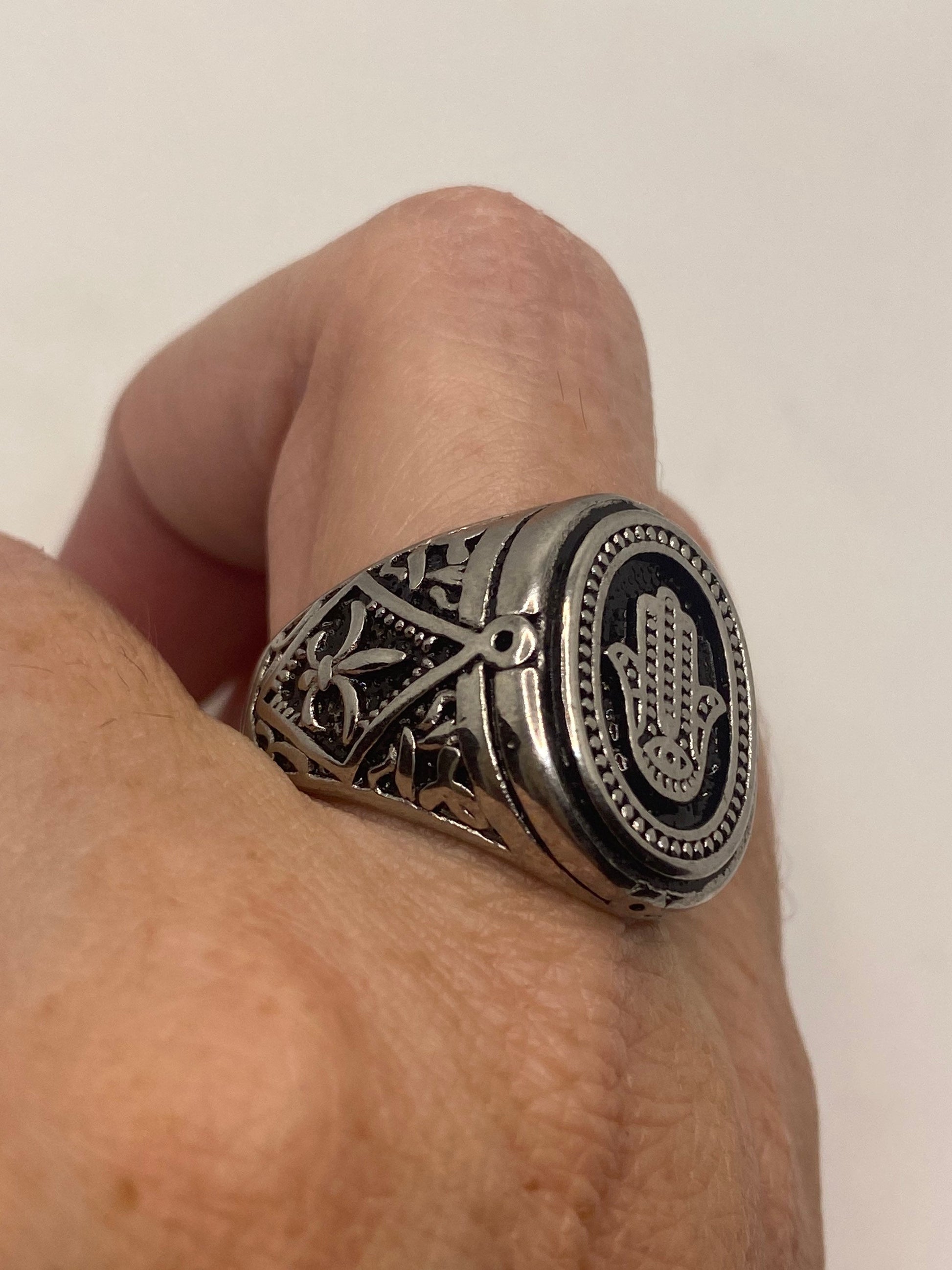 Vintage Silver Stainless Steel Hand of Fatima Mens Ring