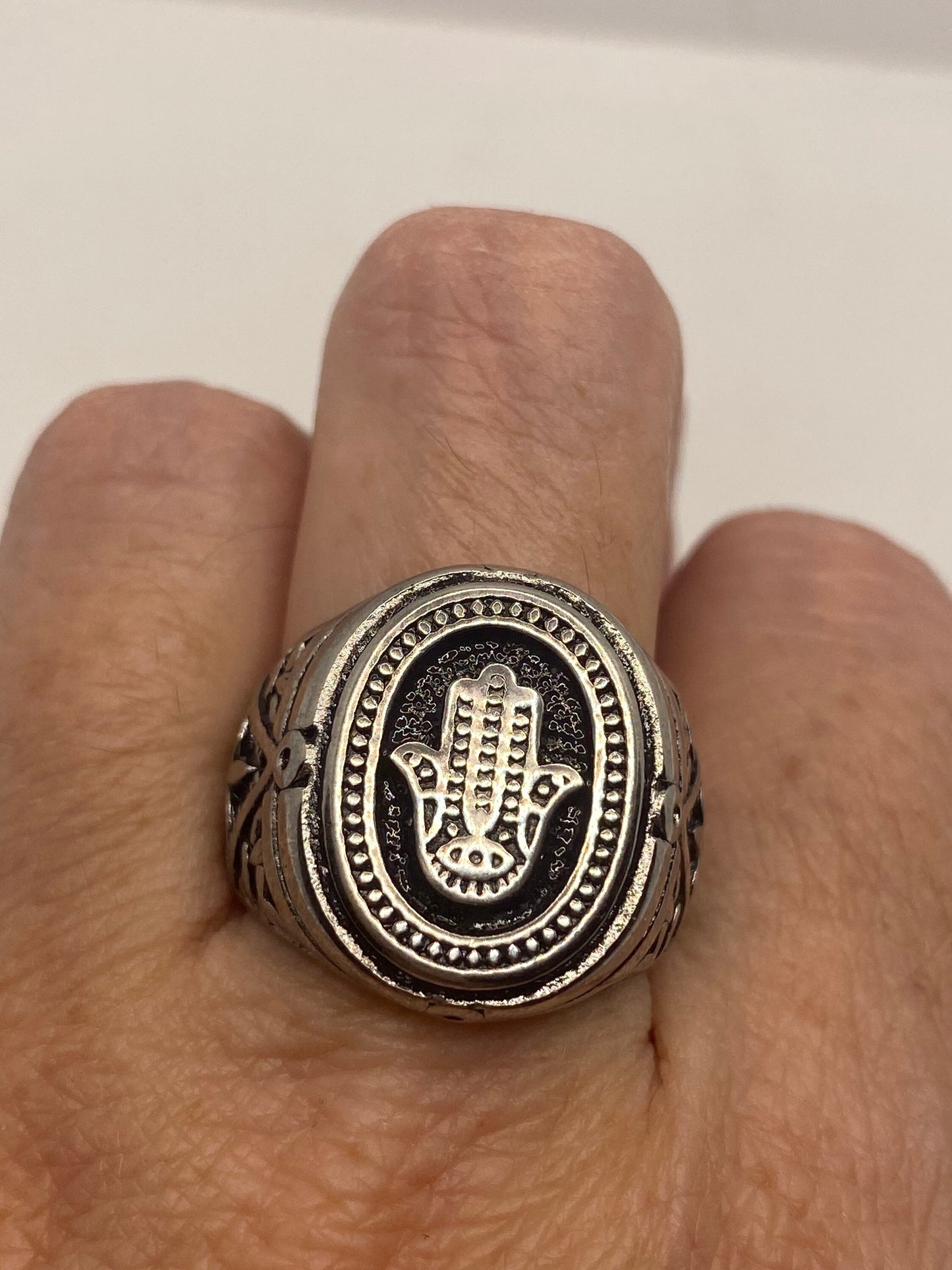 Vintage Silver Stainless Steel Hand of Fatima Mens Ring