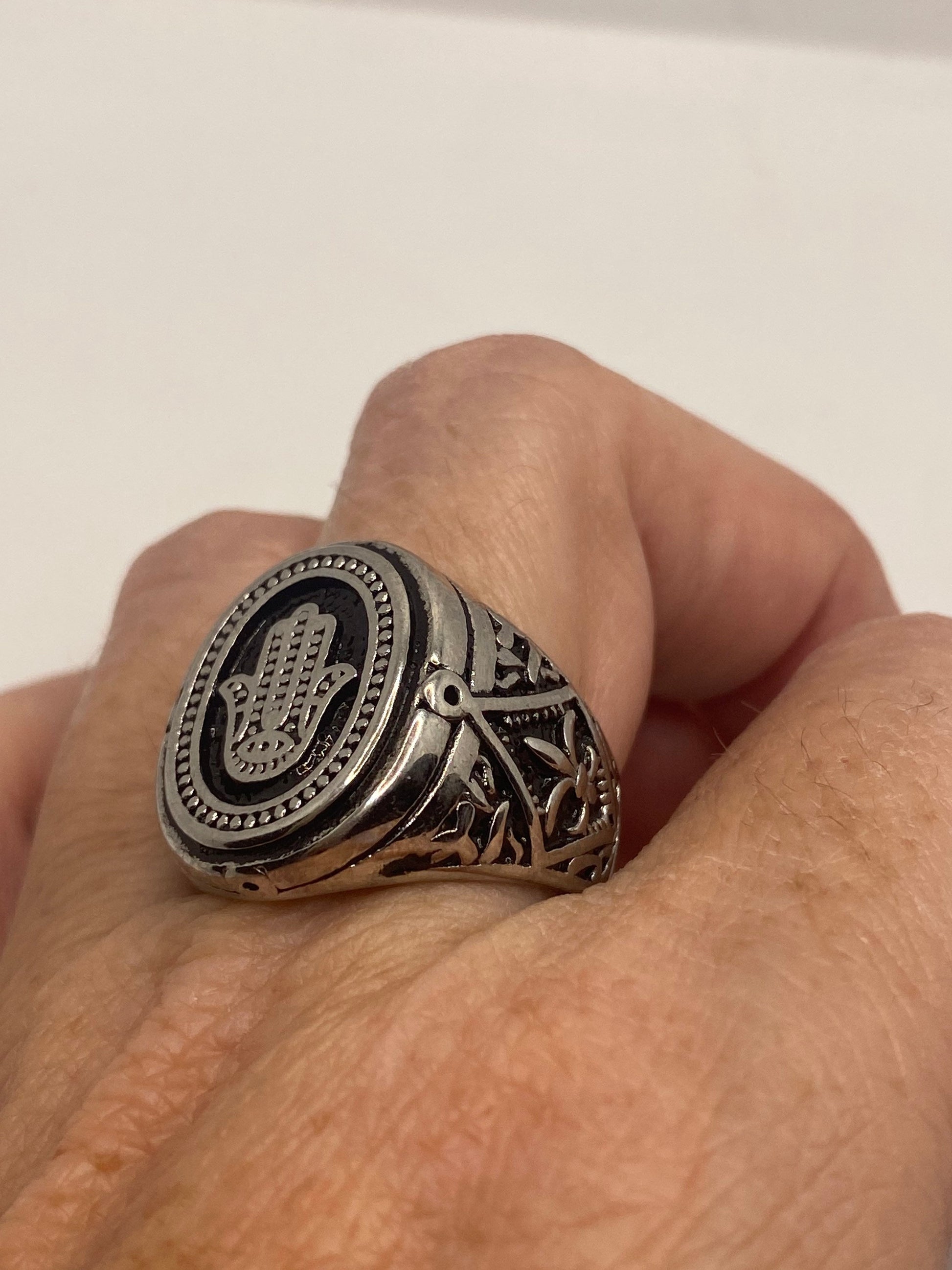 Vintage Silver Stainless Steel Hand of Fatima Mens Ring
