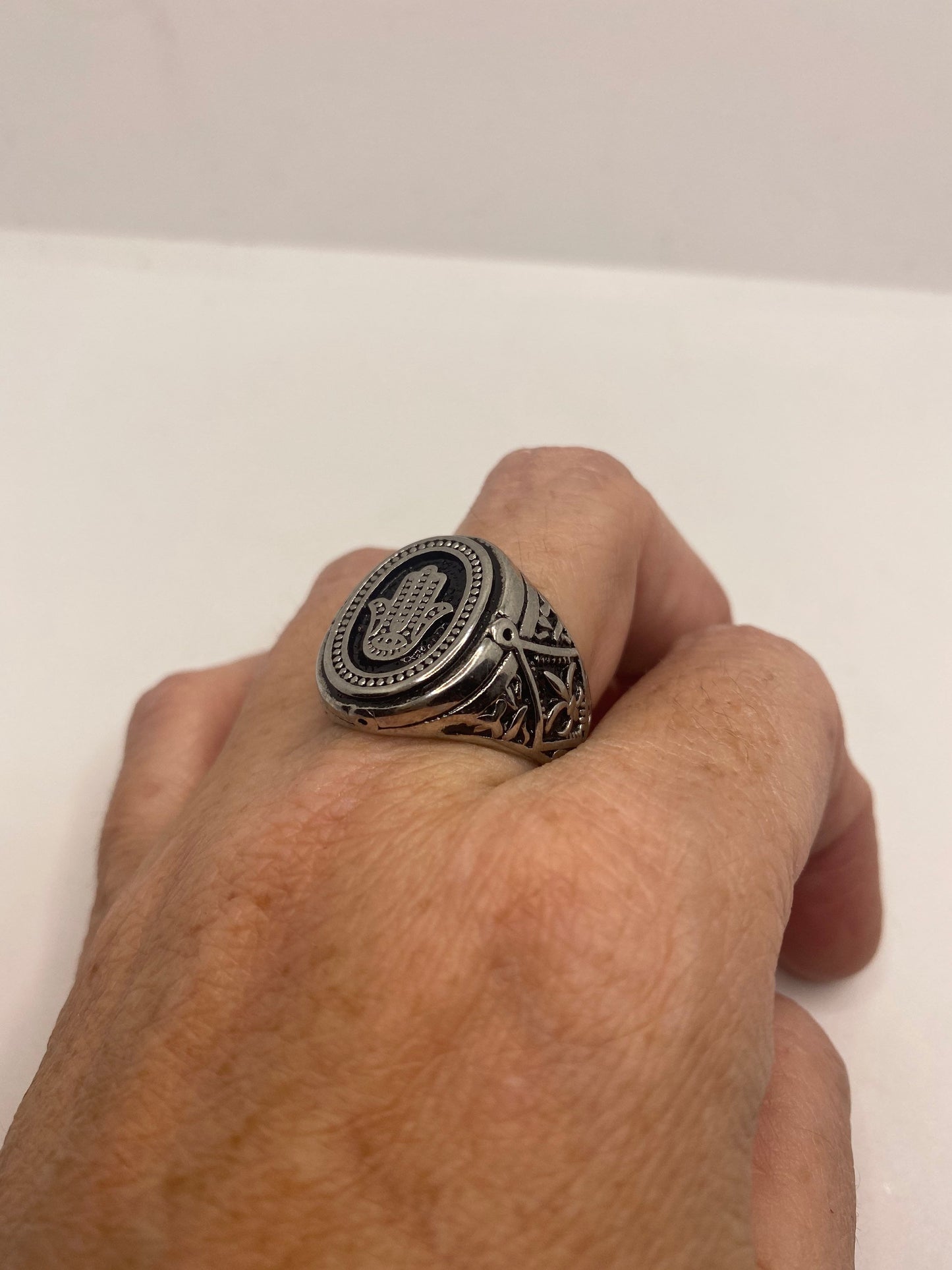 Vintage Silver Stainless Steel Hand of Fatima Mens Ring