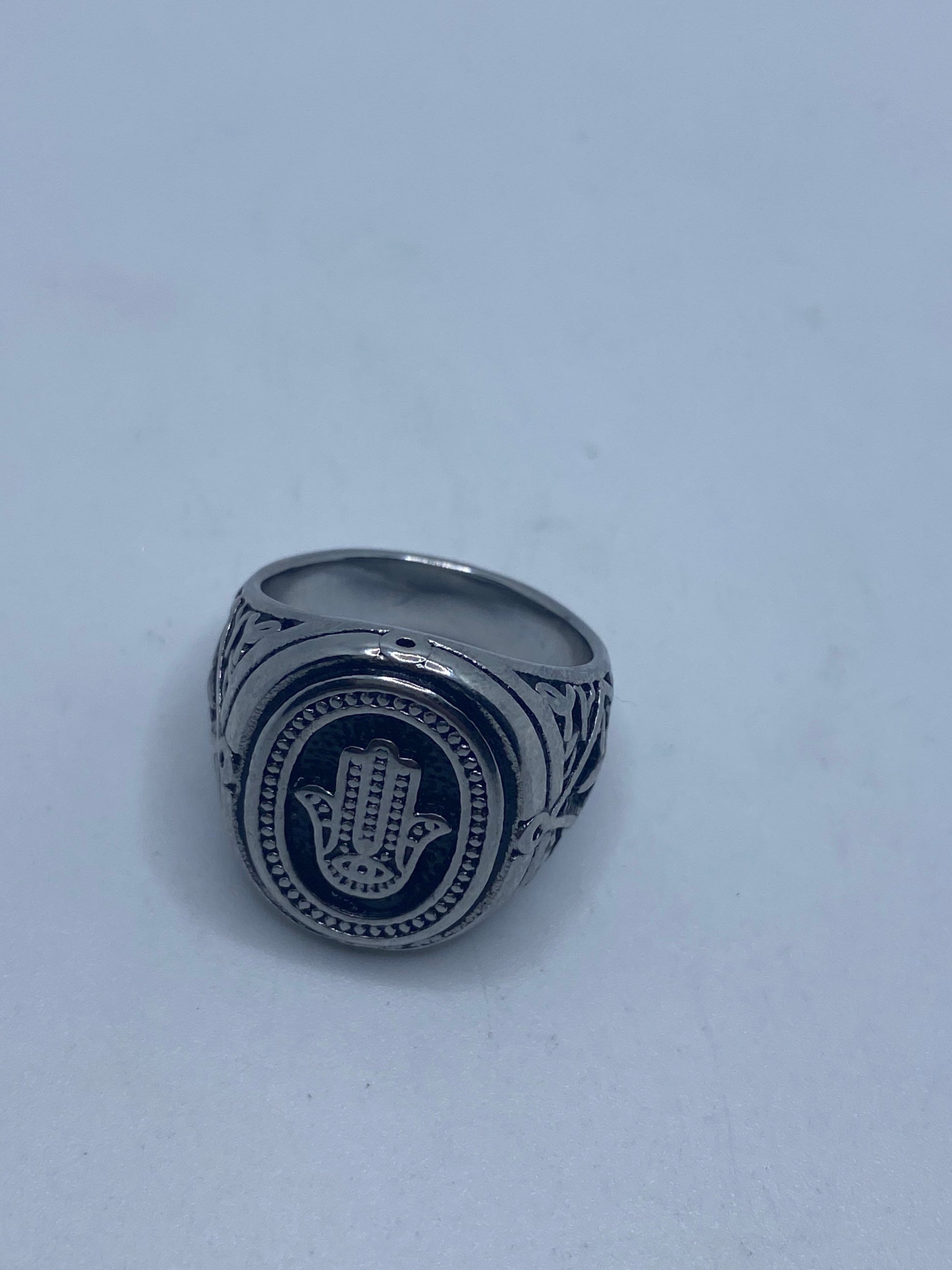 Vintage Silver Stainless Steel Hand of Fatima Mens Ring