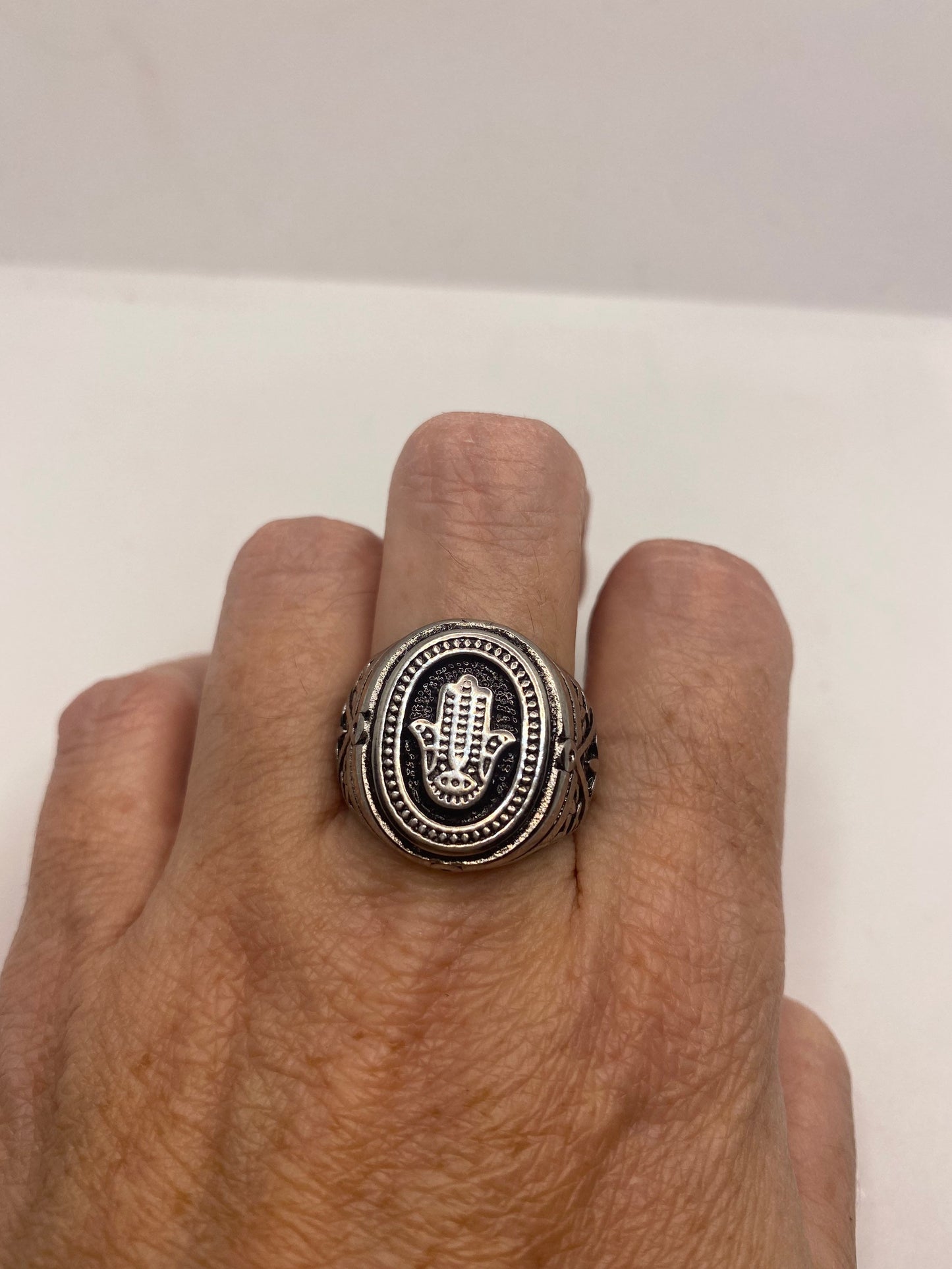 Vintage Silver Stainless Steel Hand of Fatima Mens Ring