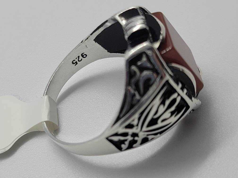 Vintage Carnelian Mens Ring in 925 Sterling Silver Persian Styled Genuine Carnelian in Scimitar Setting