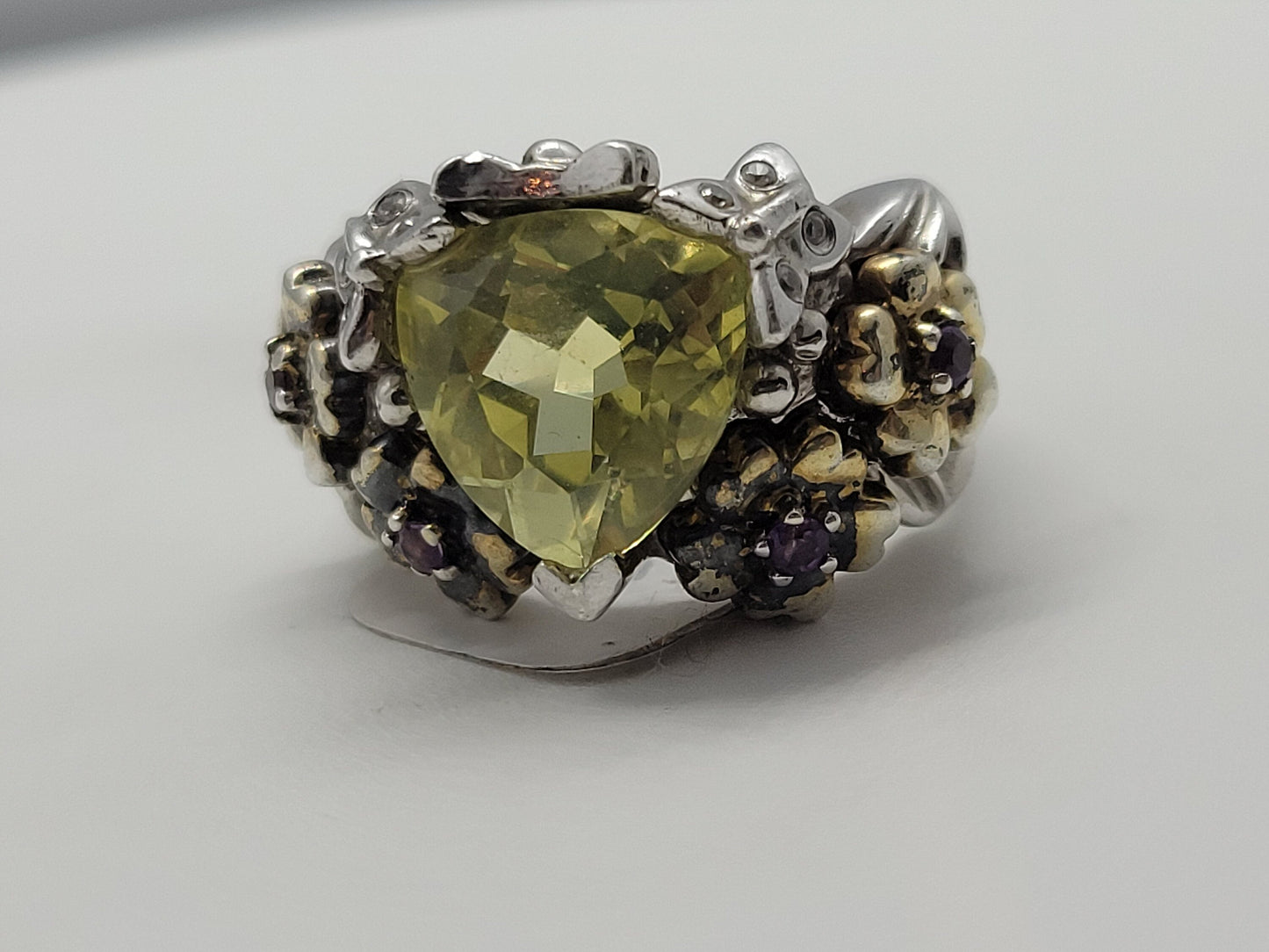 Vintage Yellow Quartz and Amethyst Ring in 925 Sterling Silver with 14k Accent and White Sapphires