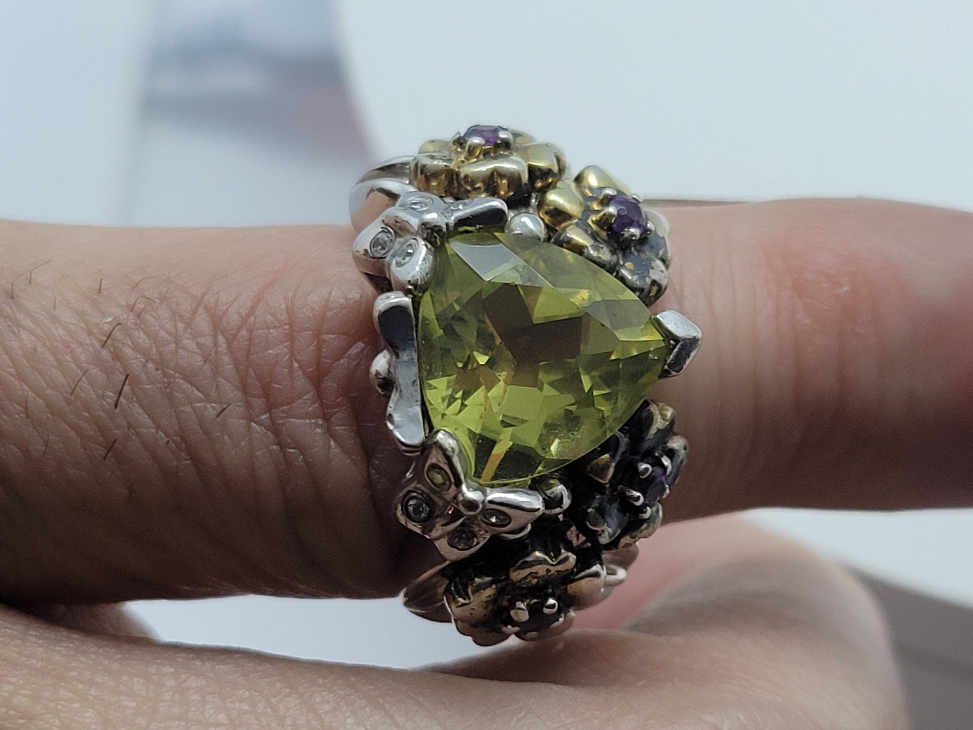 Vintage Yellow Quartz and Amethyst Ring in 925 Sterling Silver with 14k Accent and White Sapphires