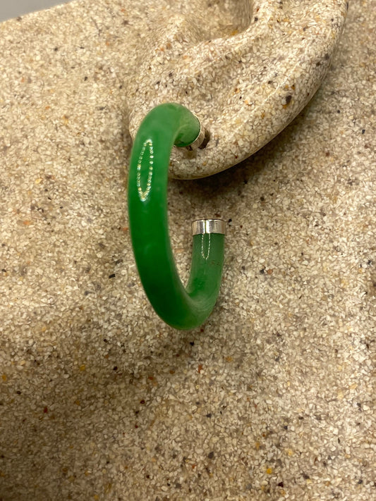 Vintage Green Jade Sterling Silver Semi Hoop Earrings