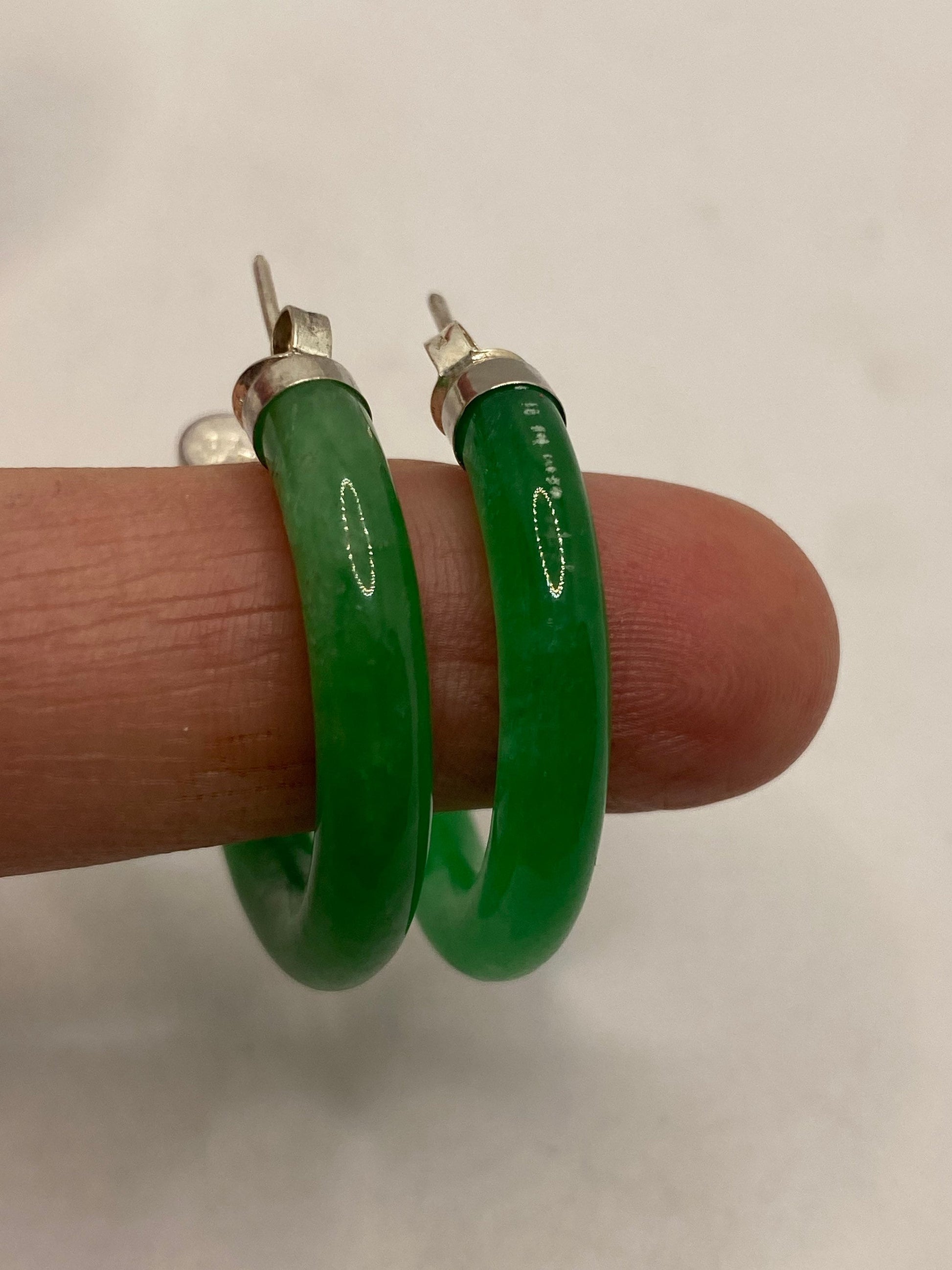 Vintage Green Jade Sterling Silver Semi Hoop Earrings
