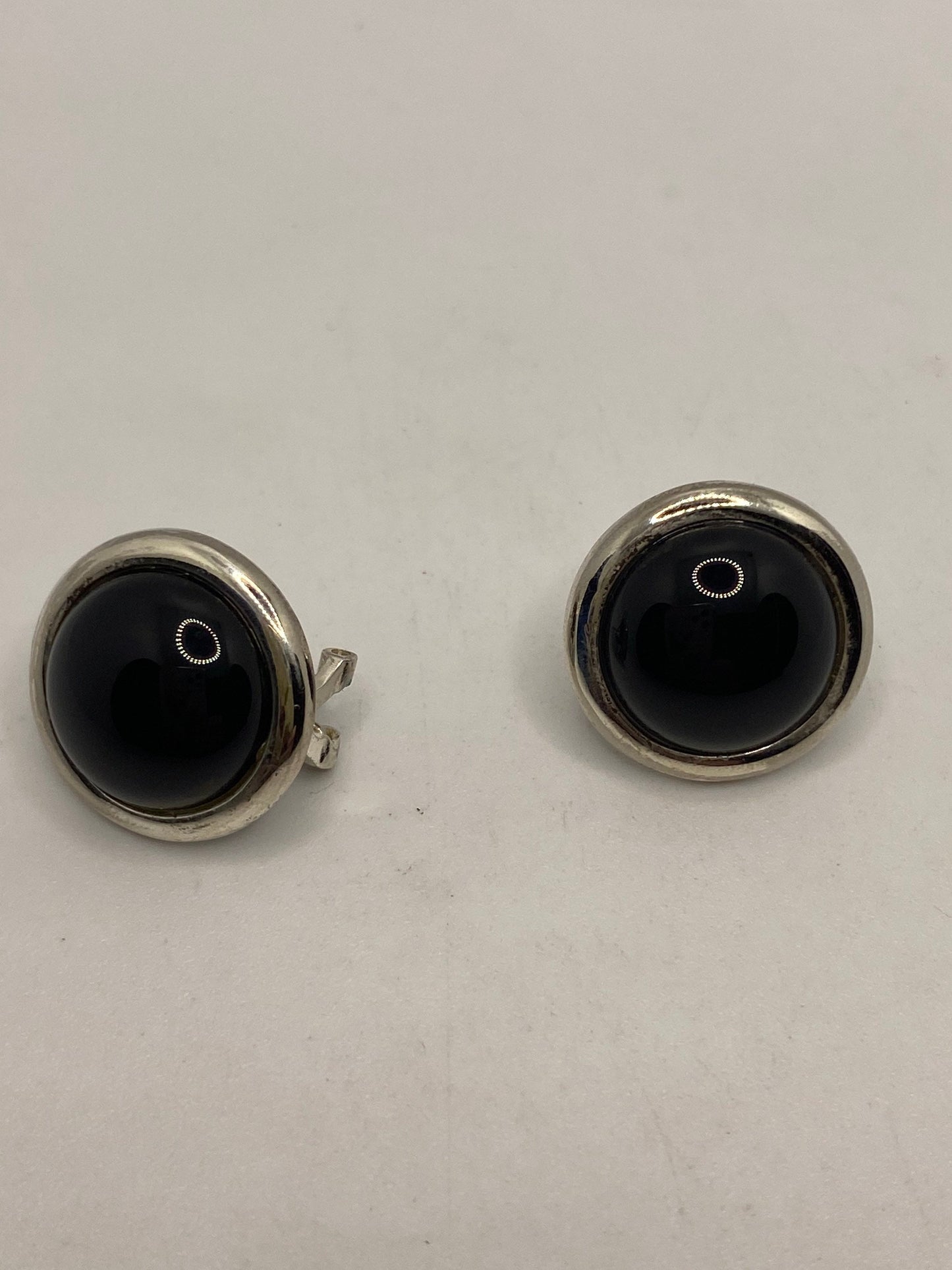 Vintage Black Onyx 925 Sterling Silver Button Earrings