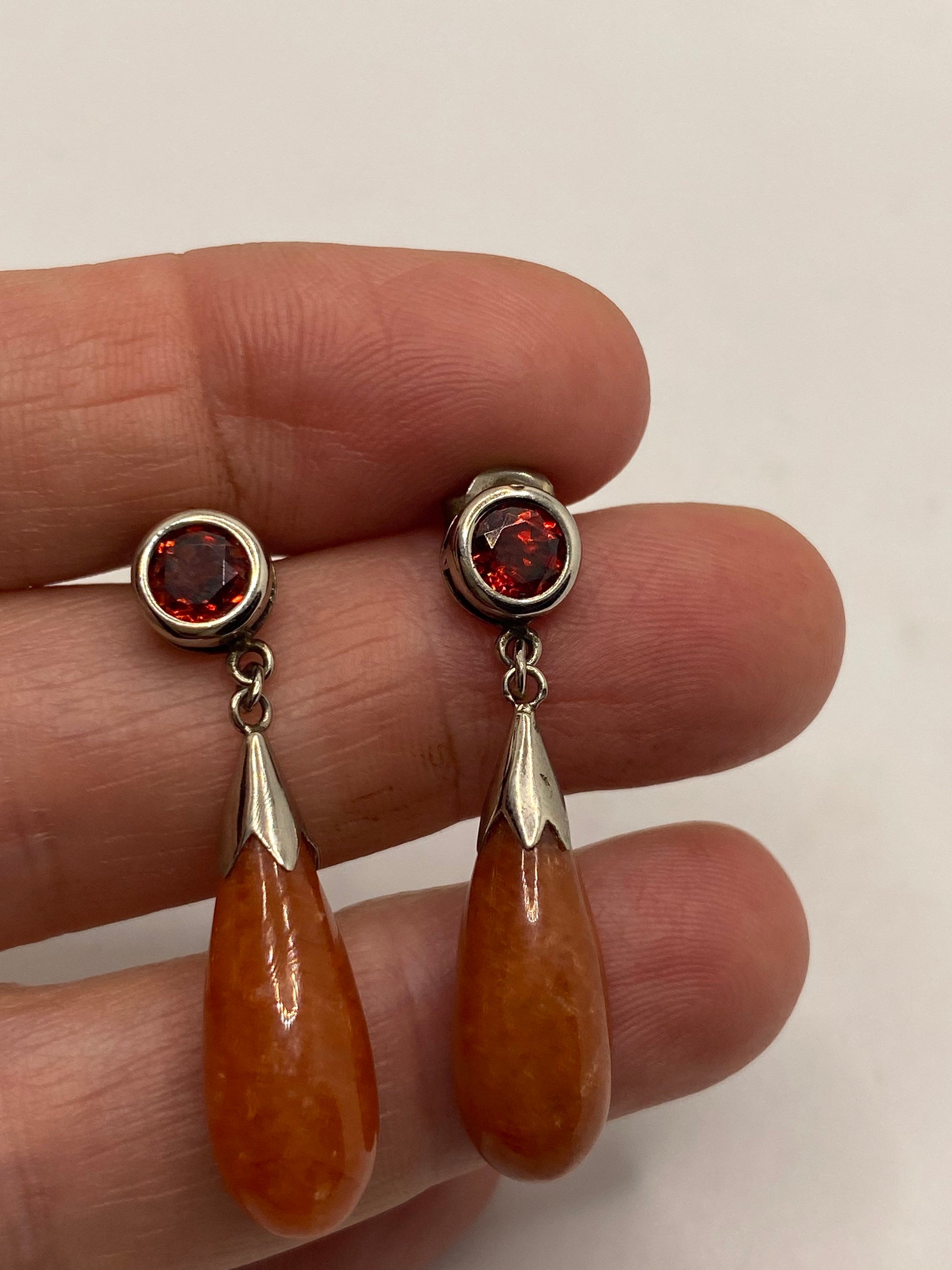 Vintage Orange Yellow Jade and Garnet 925 Sterling Silver Earrings