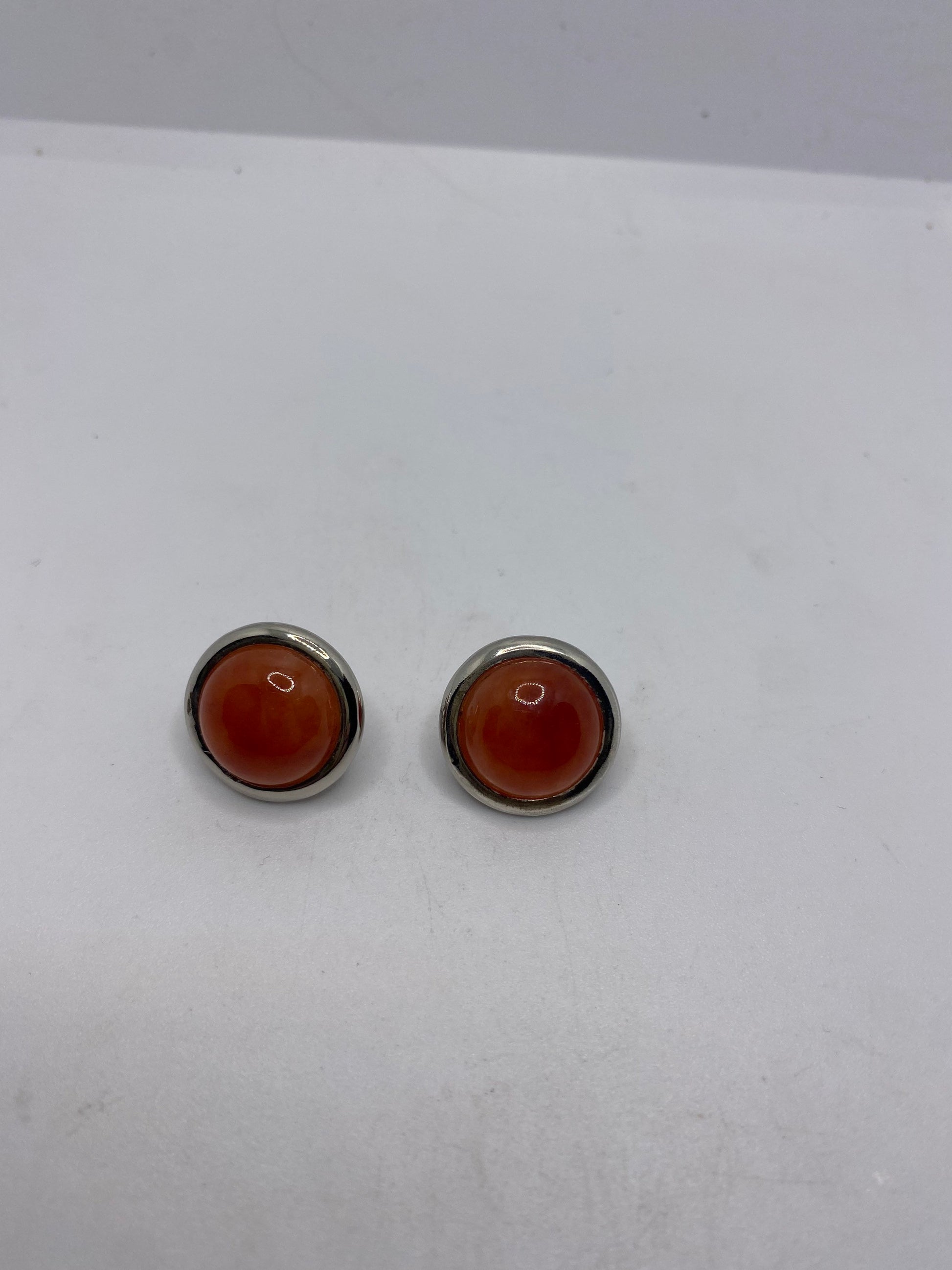 Vintage Orange Carnelian Gemstone 925 Sterling Silver button Earrings