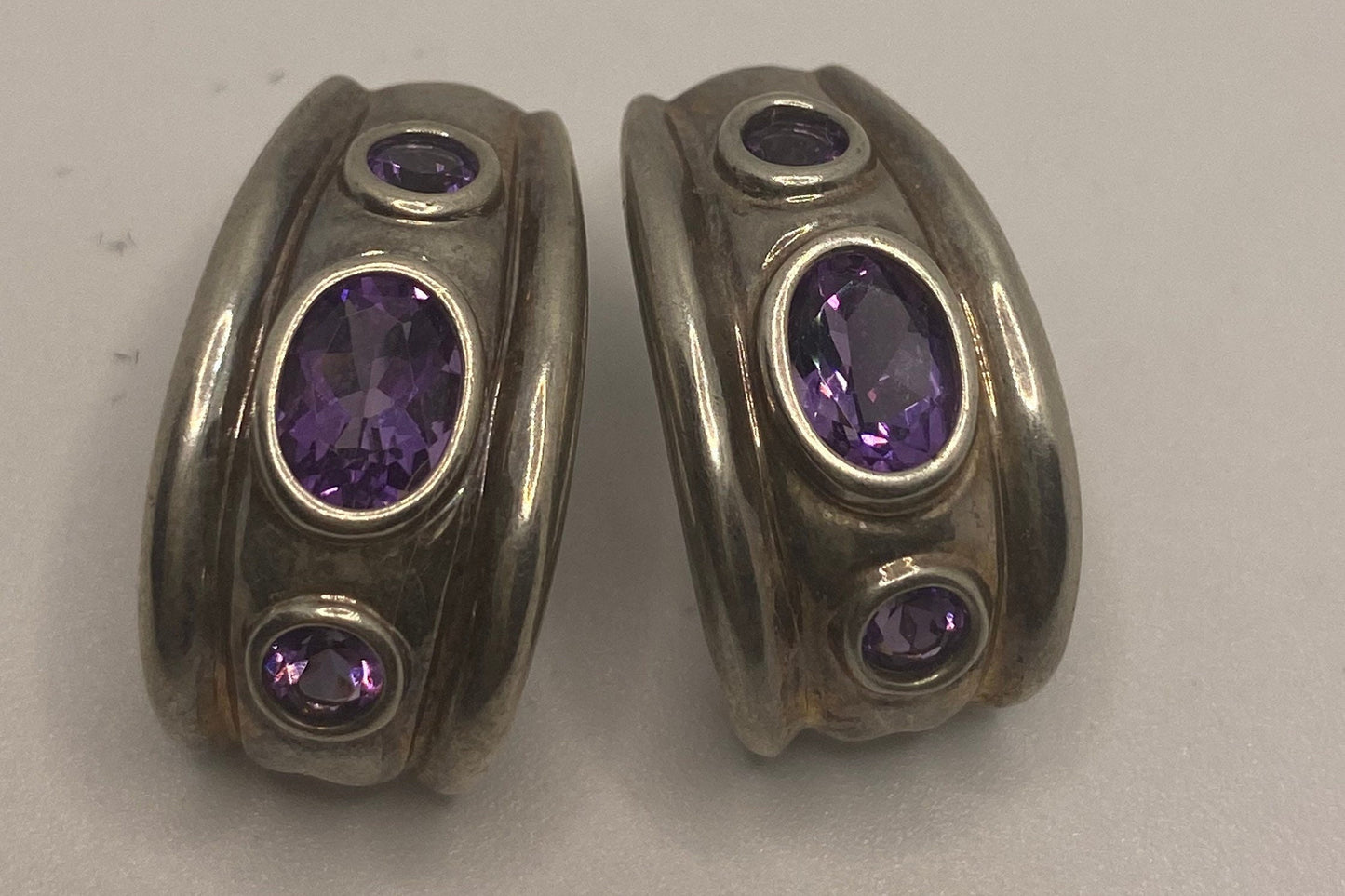 Antique Vintage Amethyst 925 Sterling Silver Pierced Omega Clip On Button Earrings