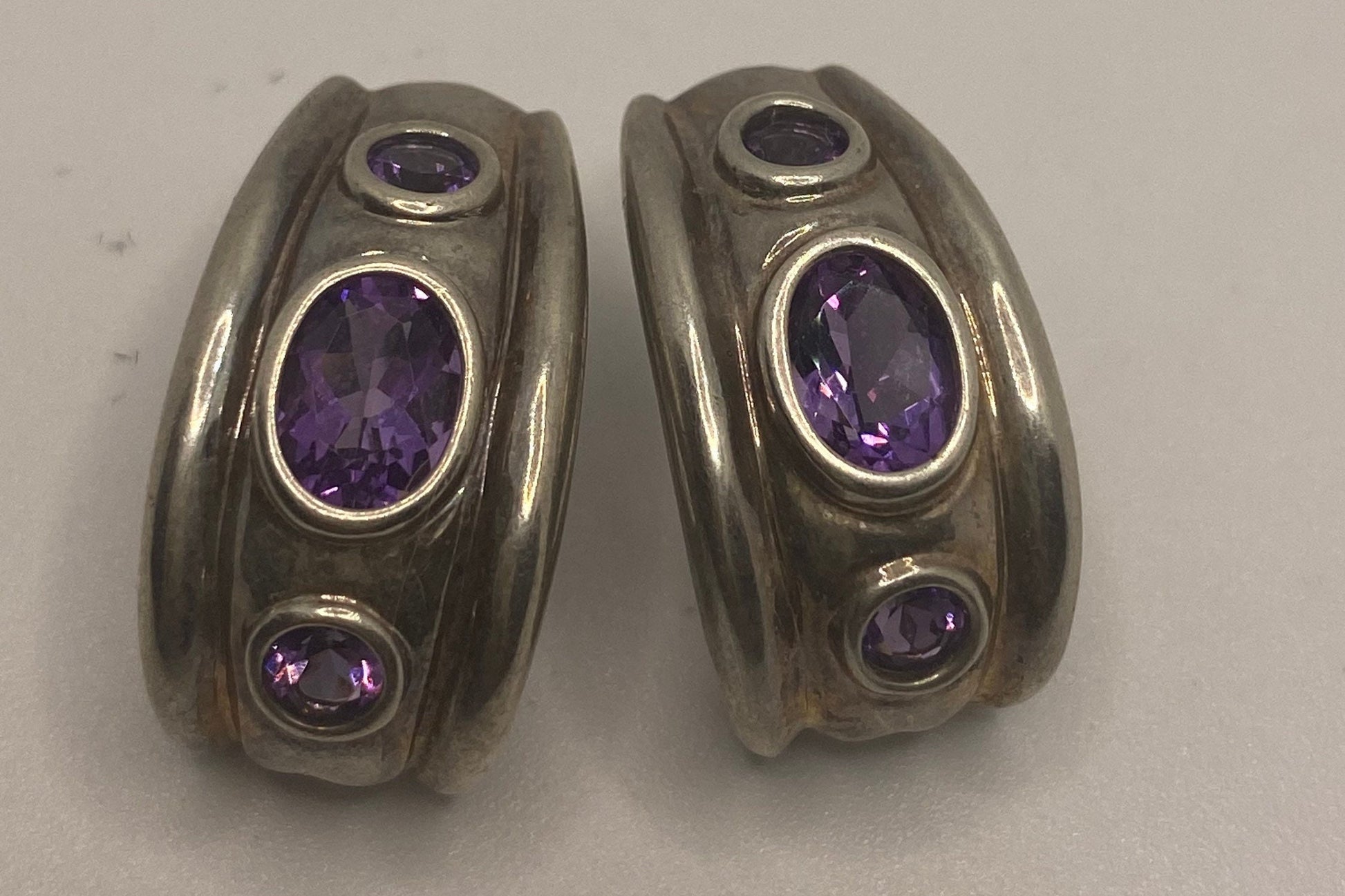 Antique Vintage Amethyst 925 Sterling Silver Pierced Omega Clip On Button Earrings