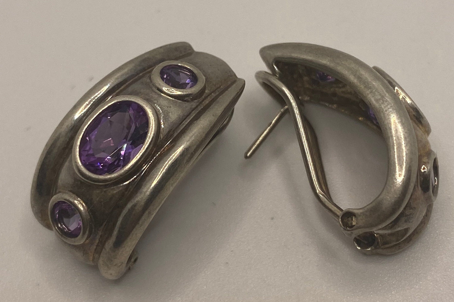 Antique Vintage Amethyst 925 Sterling Silver Pierced Omega Clip On Button Earrings