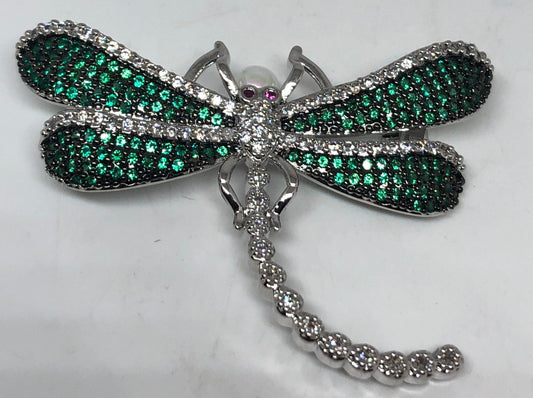 Vintage Green Crystal Gothic Styled Silver Finished Dragonfly Necklace Broach