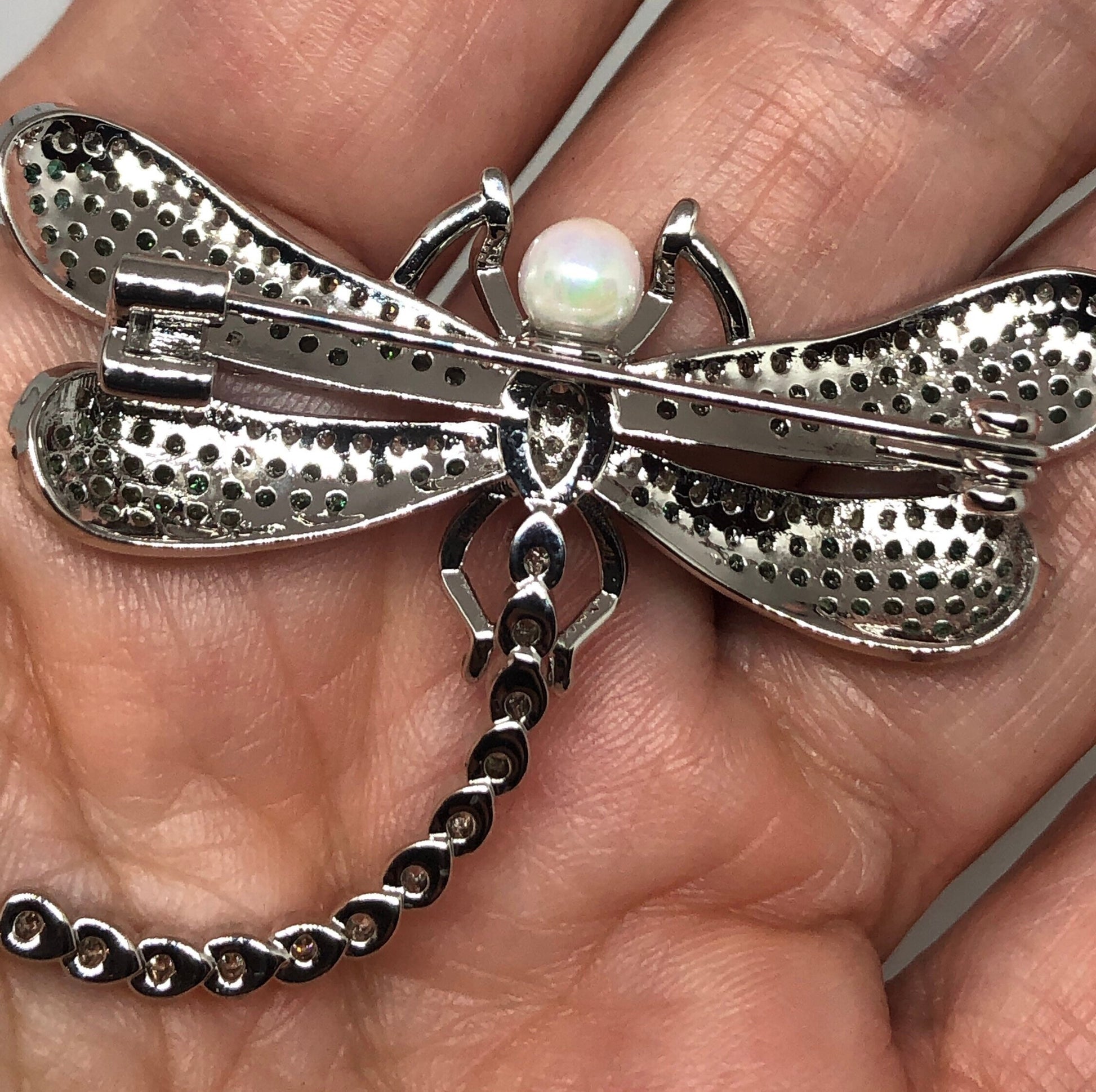 Vintage Green Crystal Gothic Styled Silver Finished Dragonfly Necklace Broach
