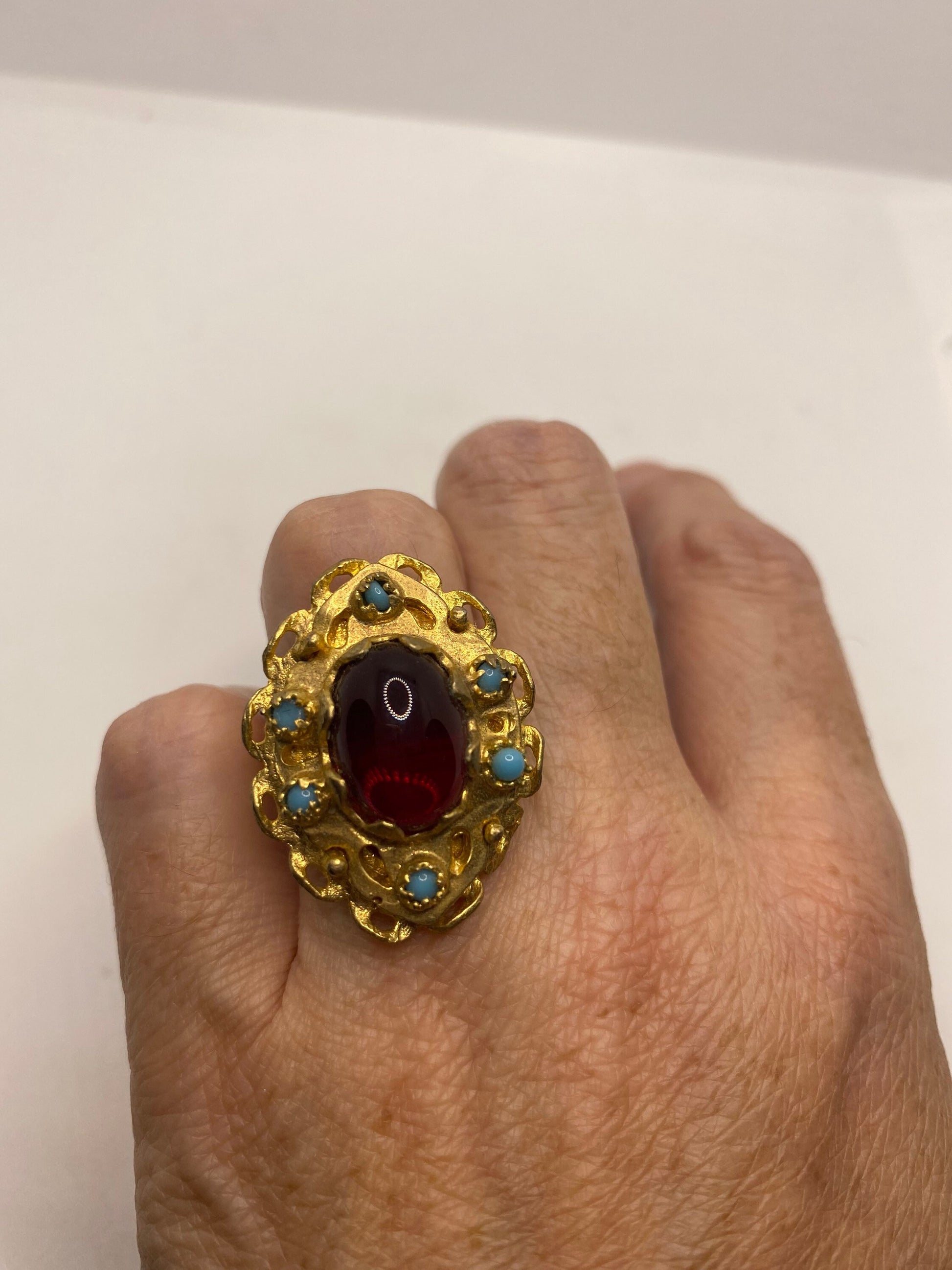 Vintage Red Ruby Glass Turquoise Golden Bronze Ring