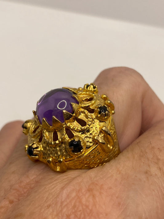 Vintage Purple Amethyst Glass Golden Bronze Ring
