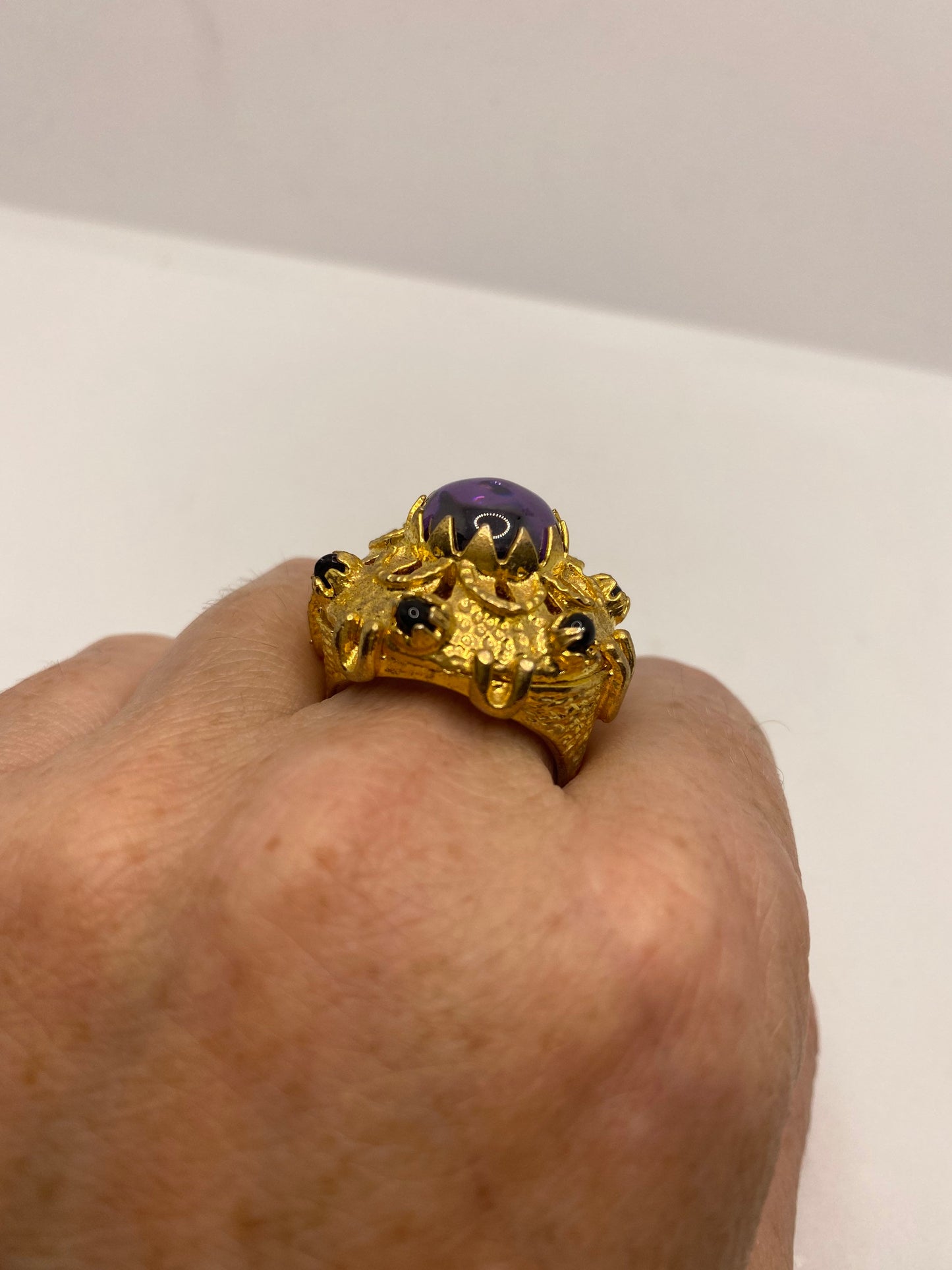 Vintage Purple Amethyst Glass Golden Bronze Ring
