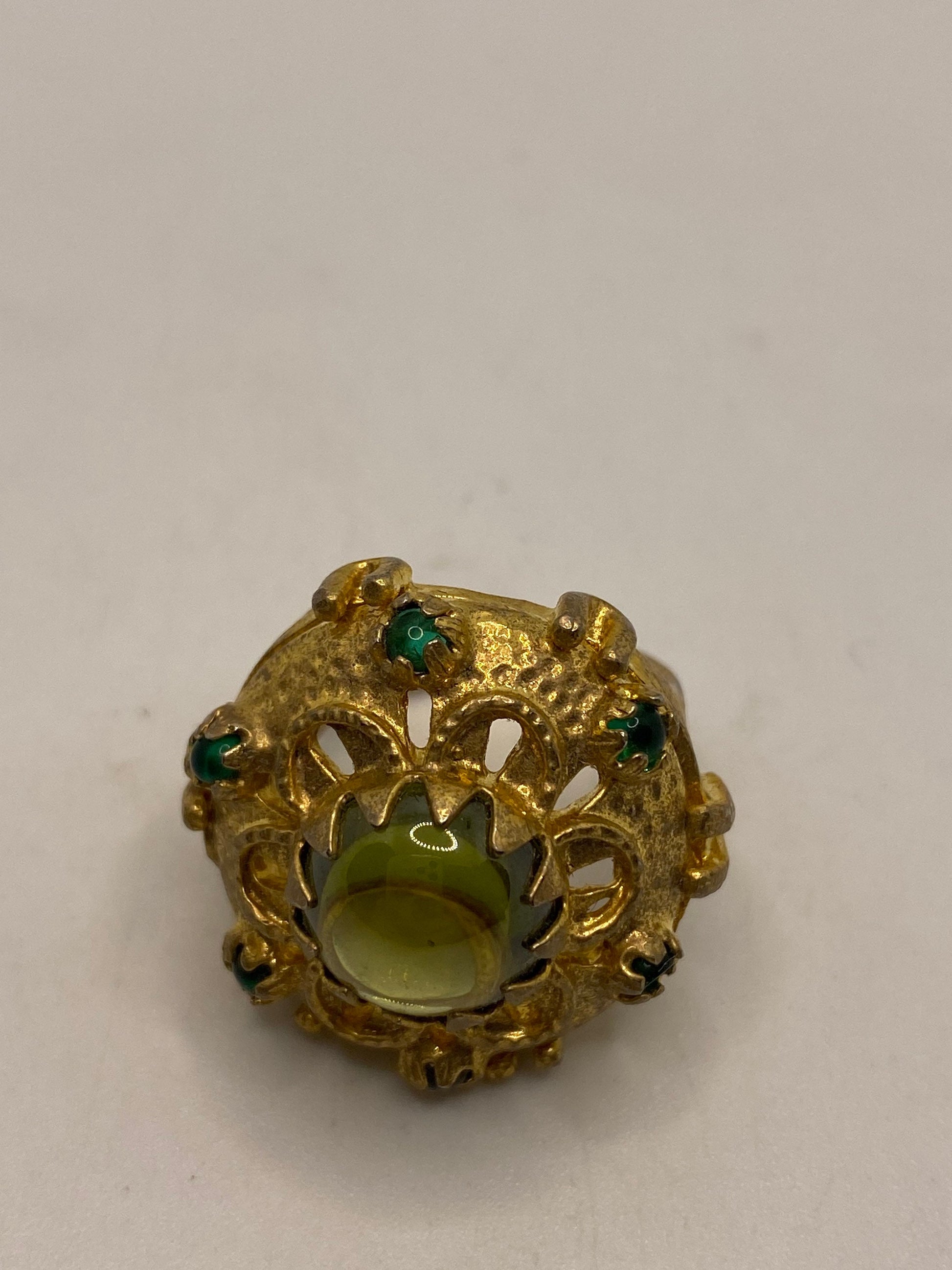 Vintage Green Peridot Glass Golden Bronze Ring