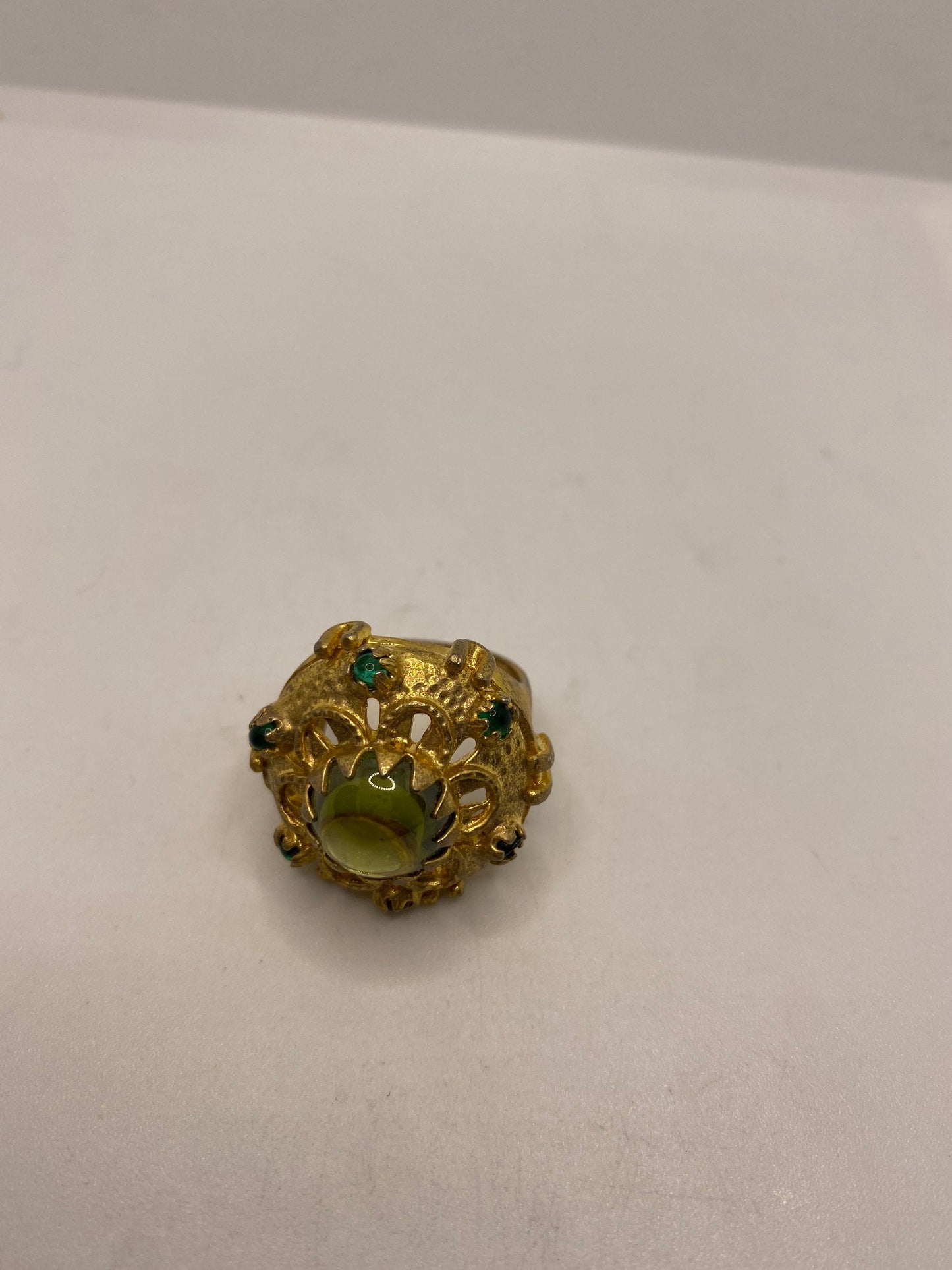 Vintage Green Peridot Glass Golden Bronze Ring