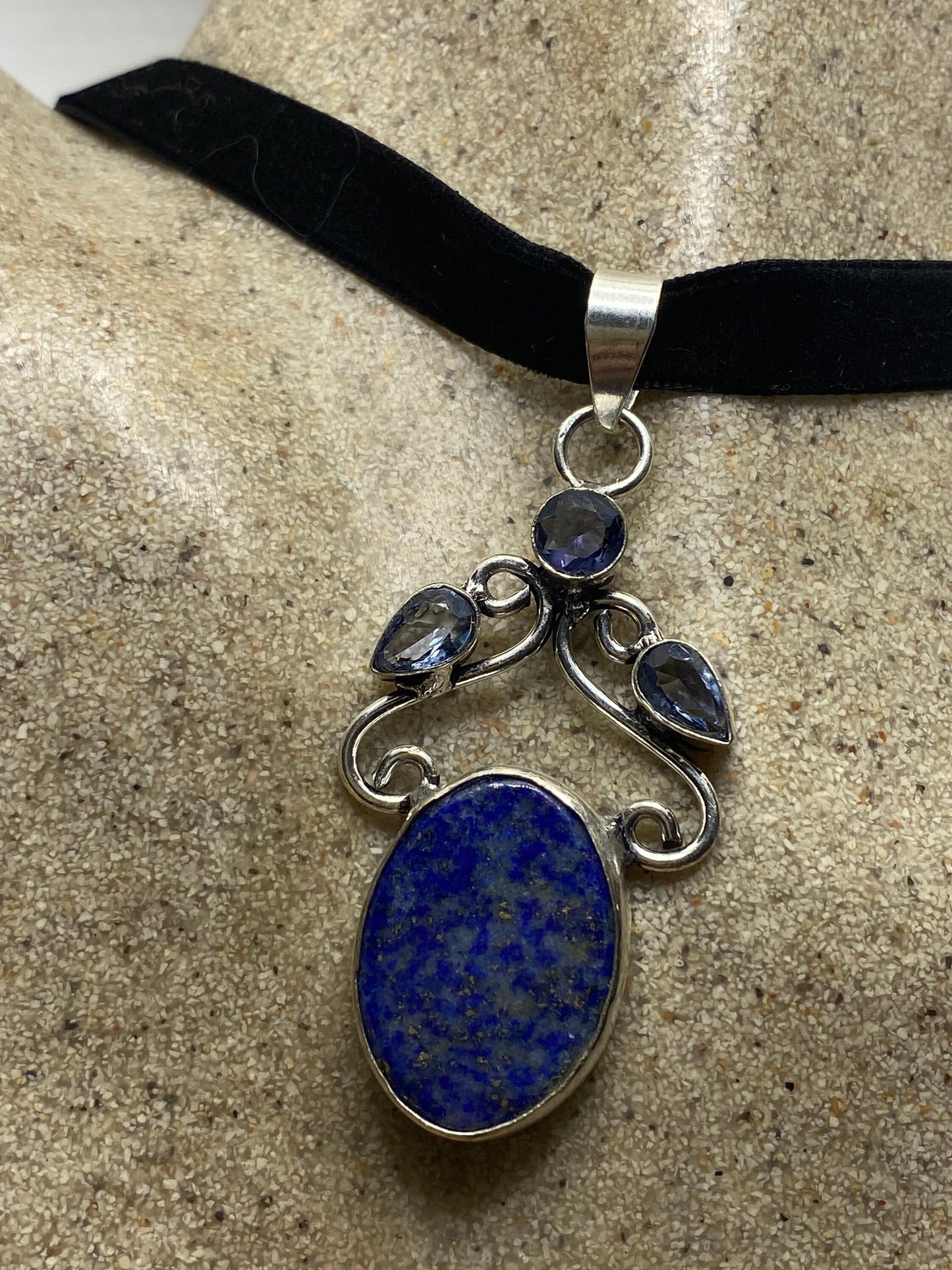 Vintage Blue Lapis Choker Black Velvet Ribbon Necklace.