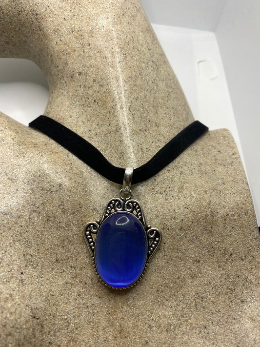 Vintage Blue Cats Eye Glass Antique Black Velvet Ribbon Choker Necklace