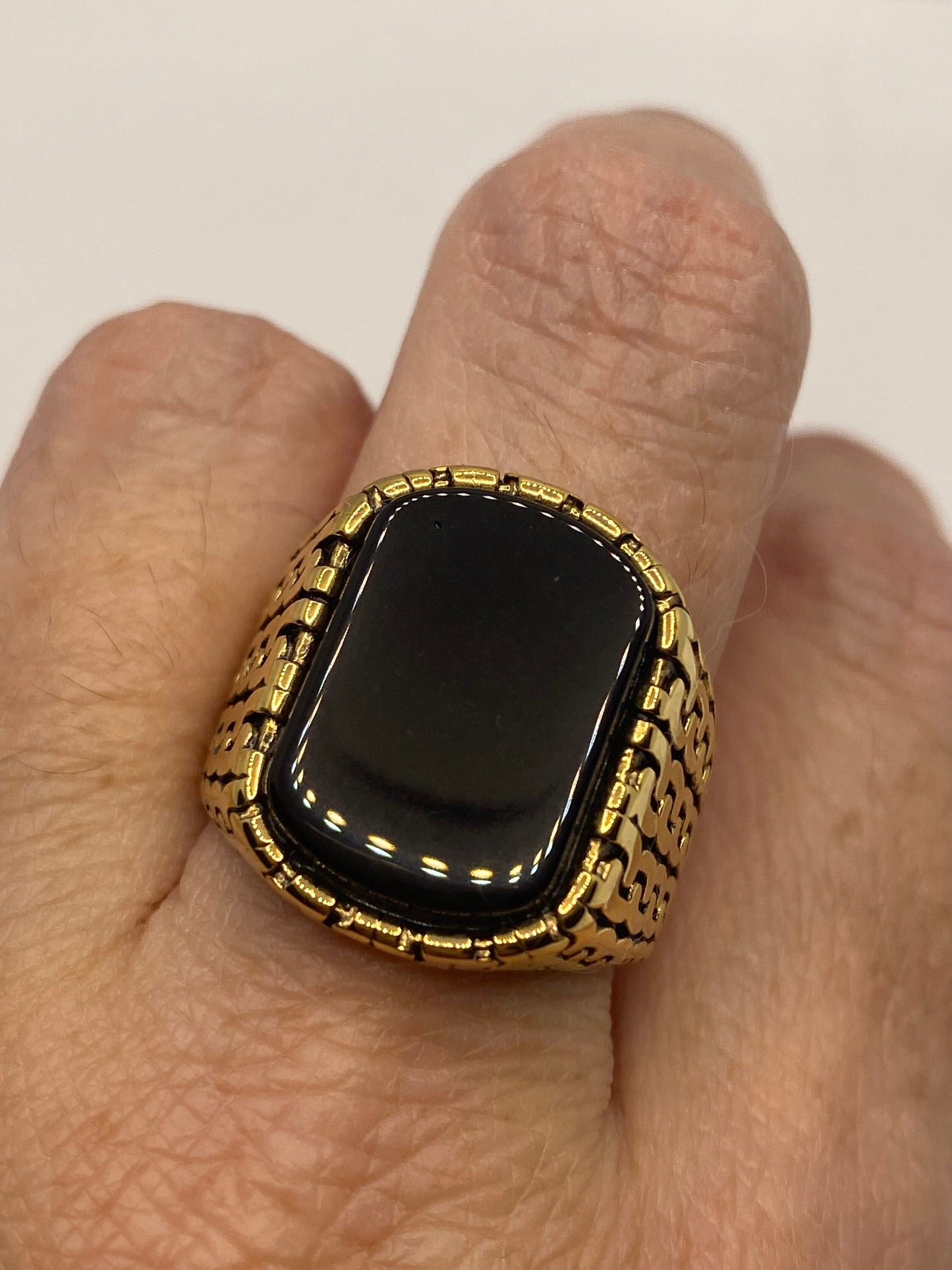 Vintage Gothic Black Onyx Golden Stainless Steel Mens Ring
