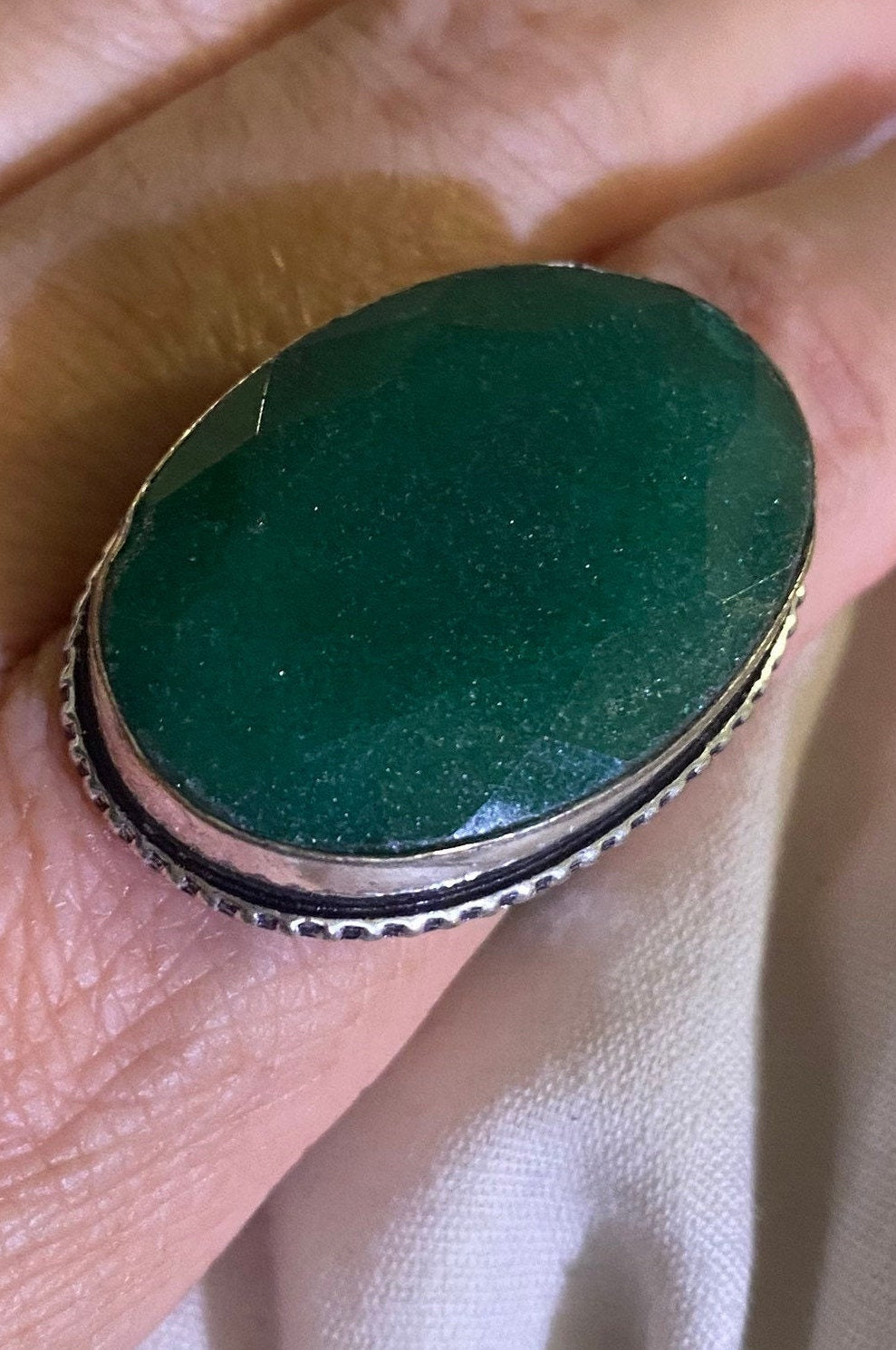 Vintage Green Raw Emerald Silver Bronze Statement Boho Ring