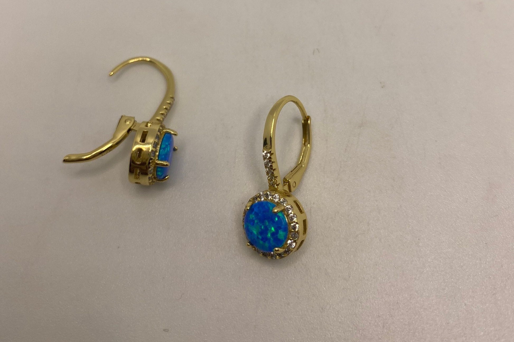 Vintage Blue Opal Earrings Golden 925 Sterling Silver Leverback Dangle