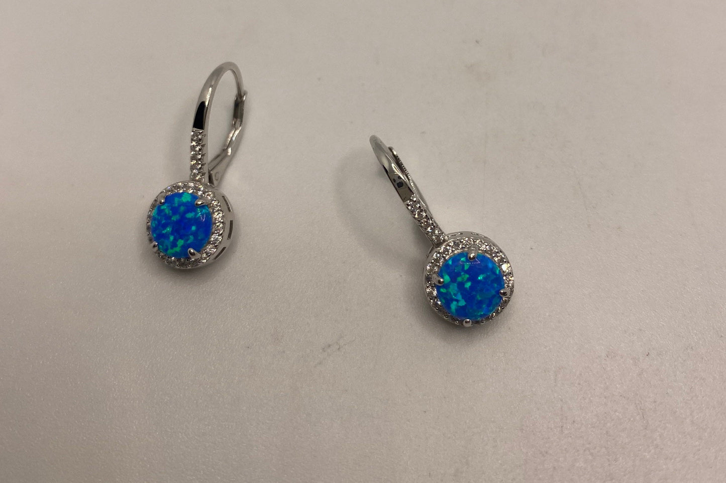 Vintage Blue Opal Earrings 925 Sterling Silver Leverback Dangle