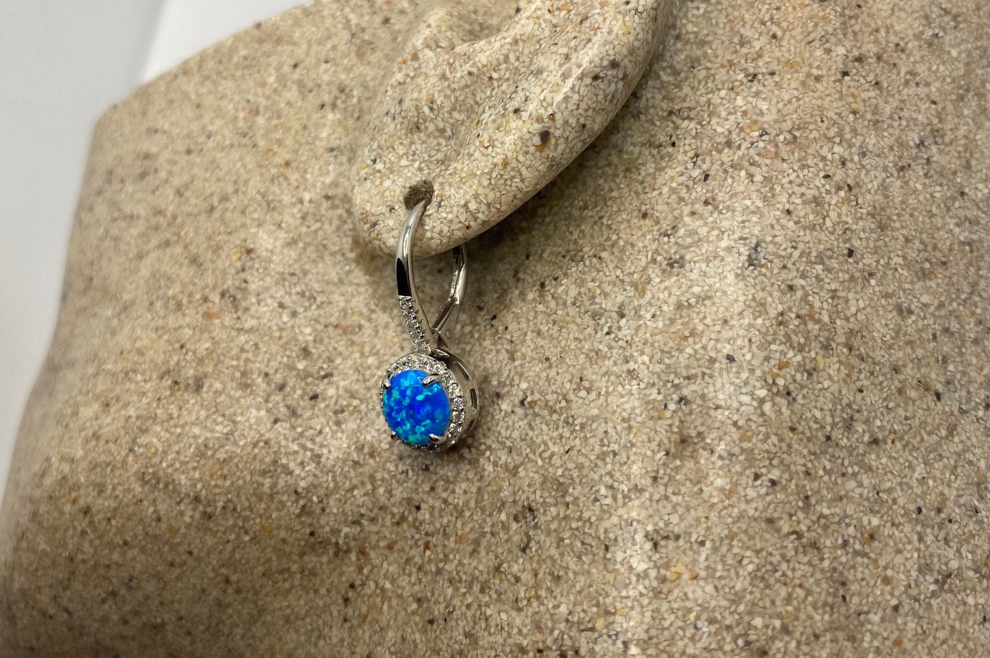 Vintage Blue Opal Earrings 925 Sterling Silver Leverback Dangle