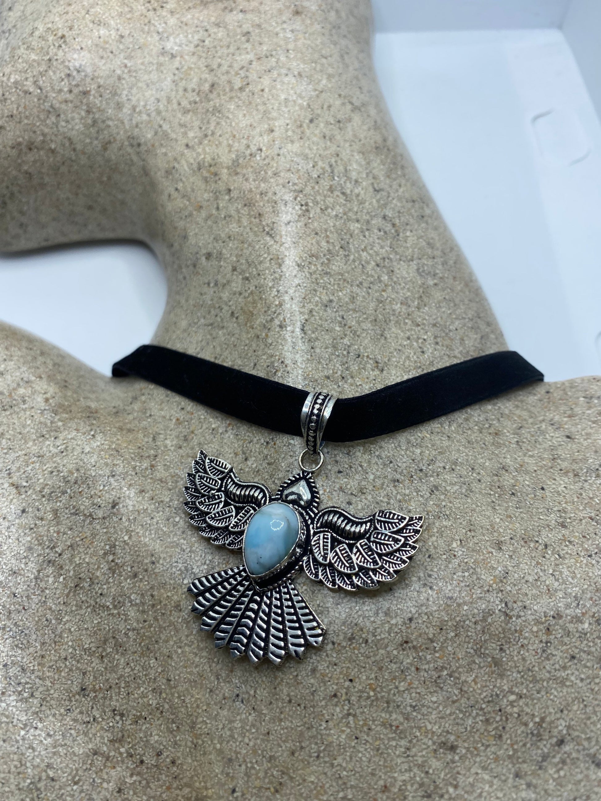 Vintage Blue Larimar Black Velvet Ribbon Choker Necklace