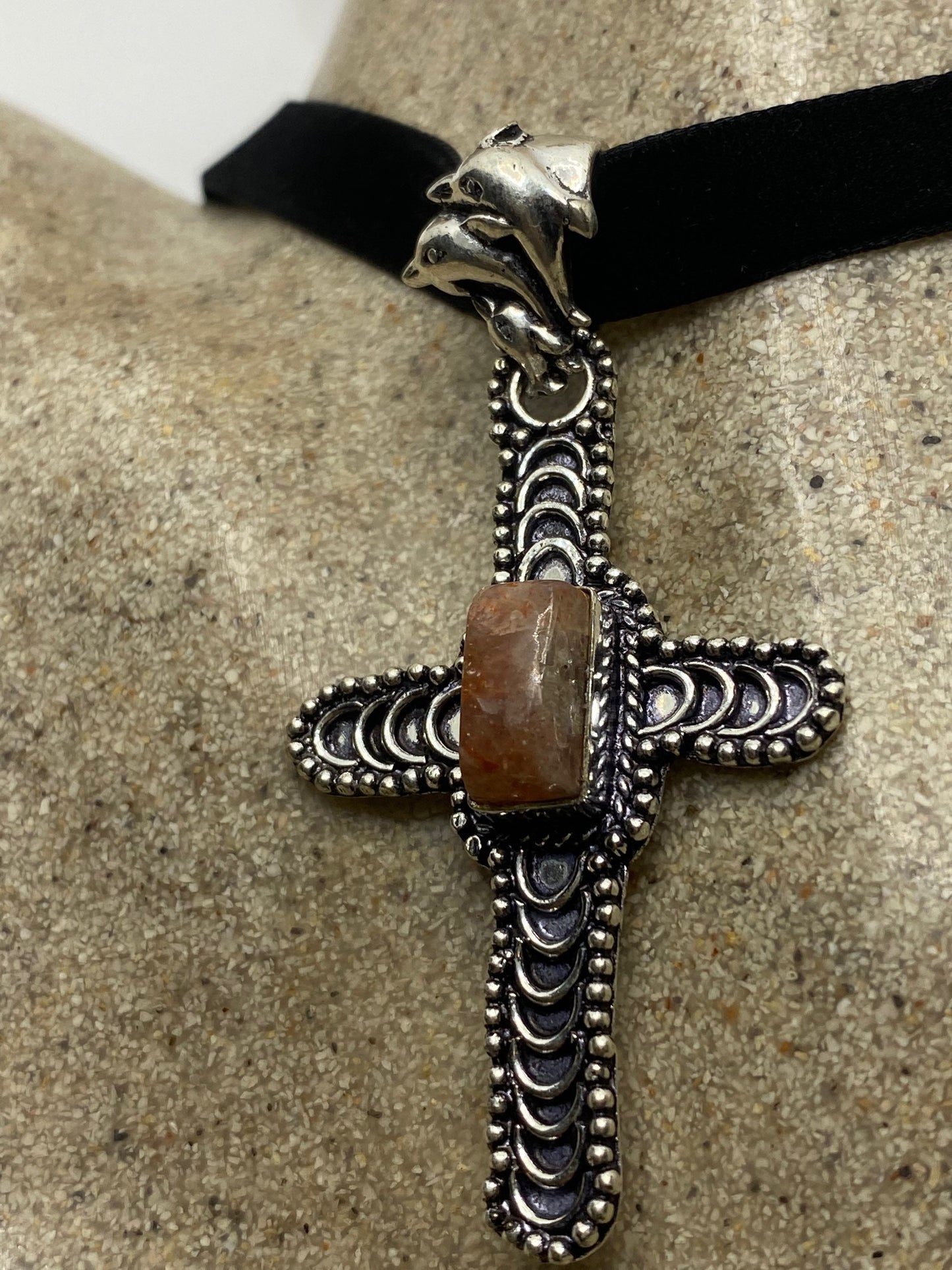 Vintage Orange Sunstone Cross Choker Black Velvet Ribbon Pendant